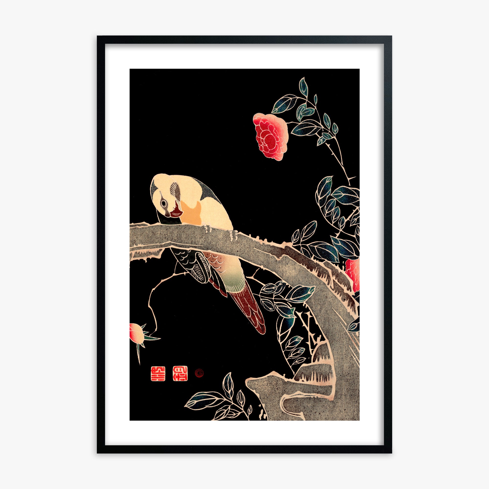 Ito Jakuchu: Parrot on the Branch of a Flowering Rose Bush, Black Framed Art Reproduction With Black Frame