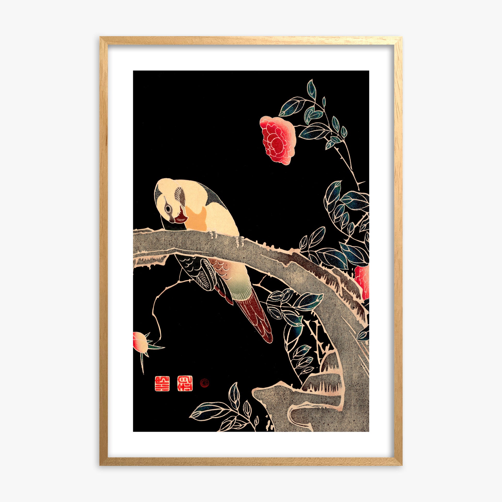 Ito Jakuchu: Parrot on the Branch of a Flowering Rose Bush, Oak Framed Art Reproduction With Oak Frame