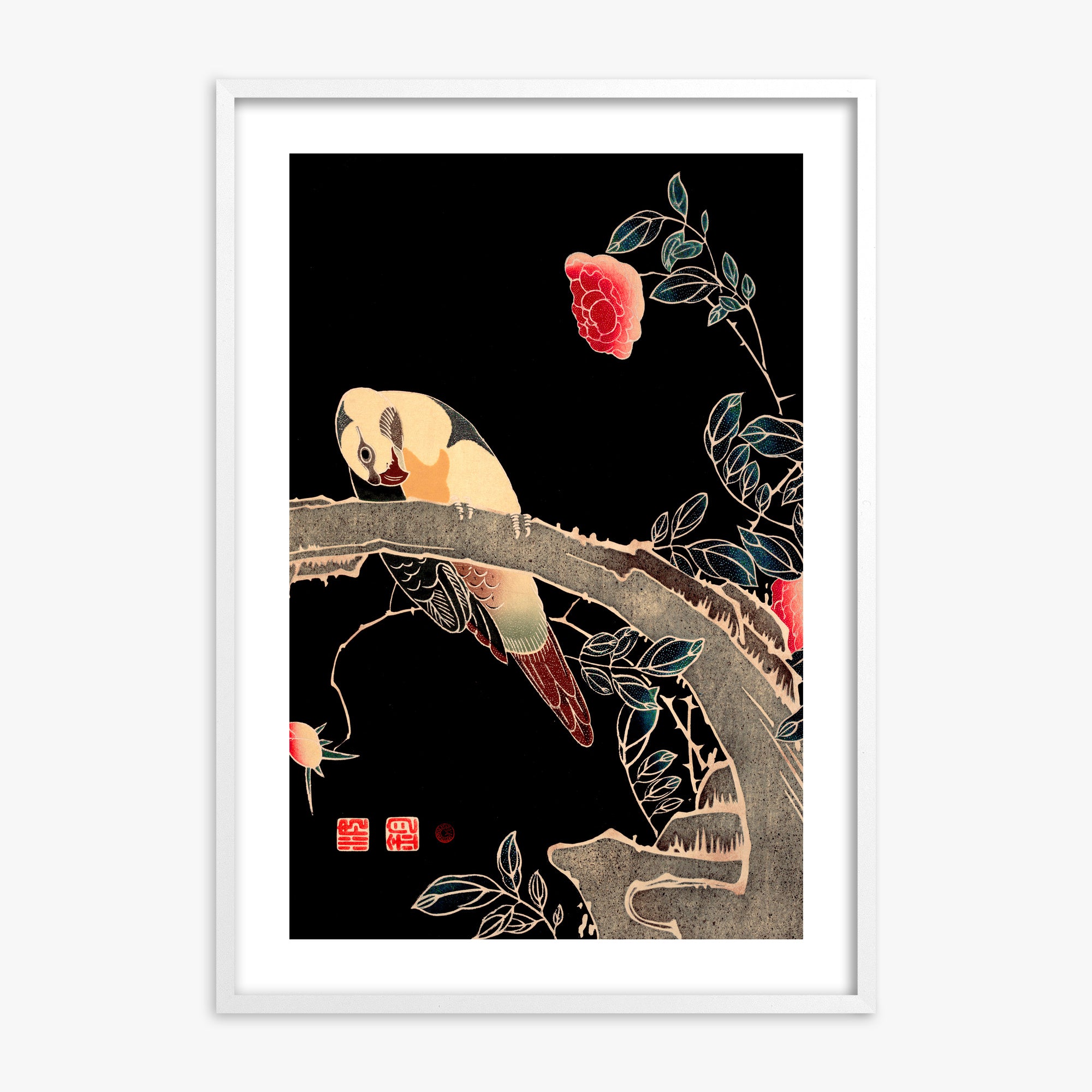 Ito Jakuchu: Parrot on the Branch of a Flowering Rose Bush, White Framed Art Reproduction With White Frame