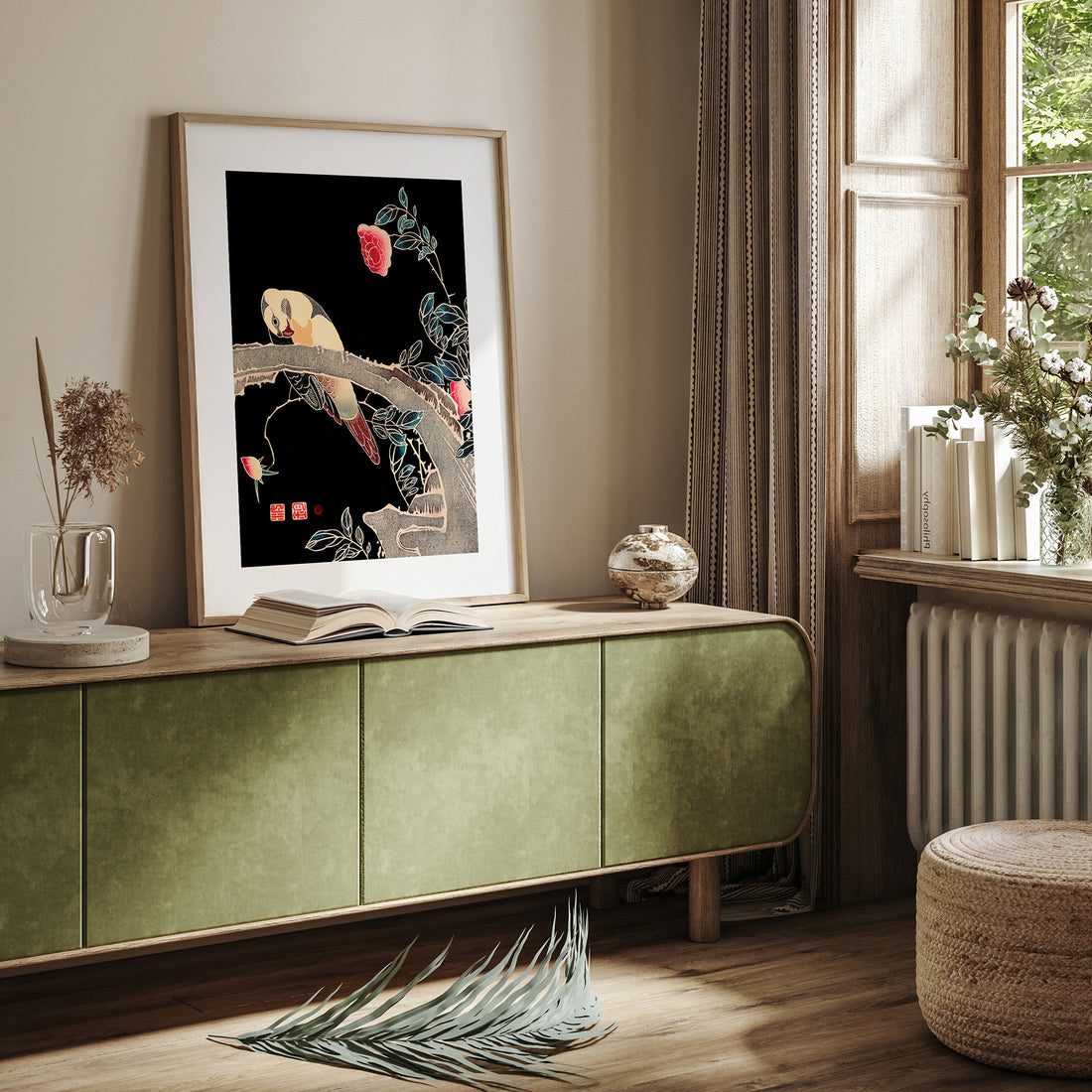Ito Jakuchu: Parrot on the Branch of a Flowering Rose Bush, 50x70cm Framed Art Reproduction With Black Frame