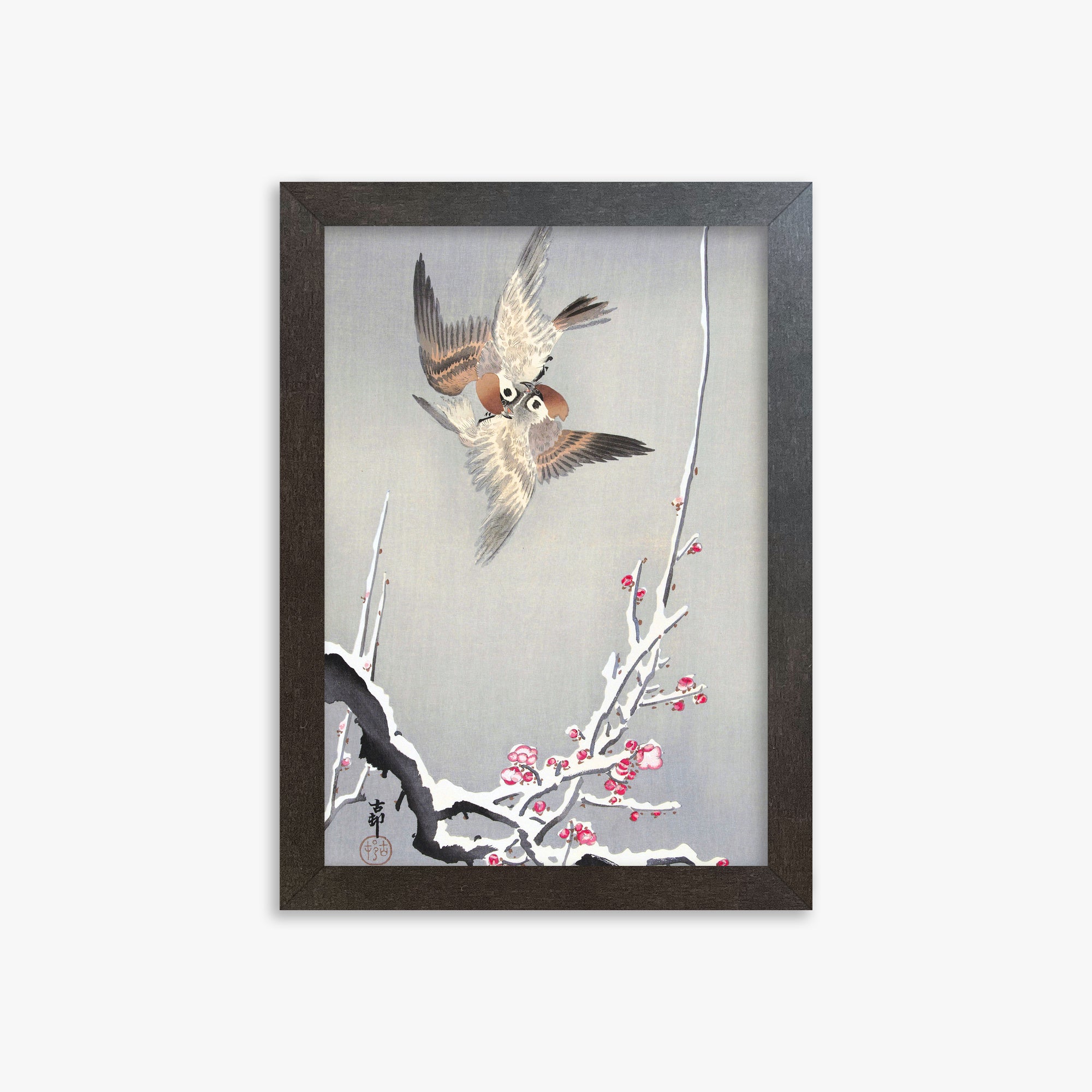 Ohara Koson: Sparrows and Snowy Plum Tree, 21x30cm Framed Art Reproduction With Espresso Frame