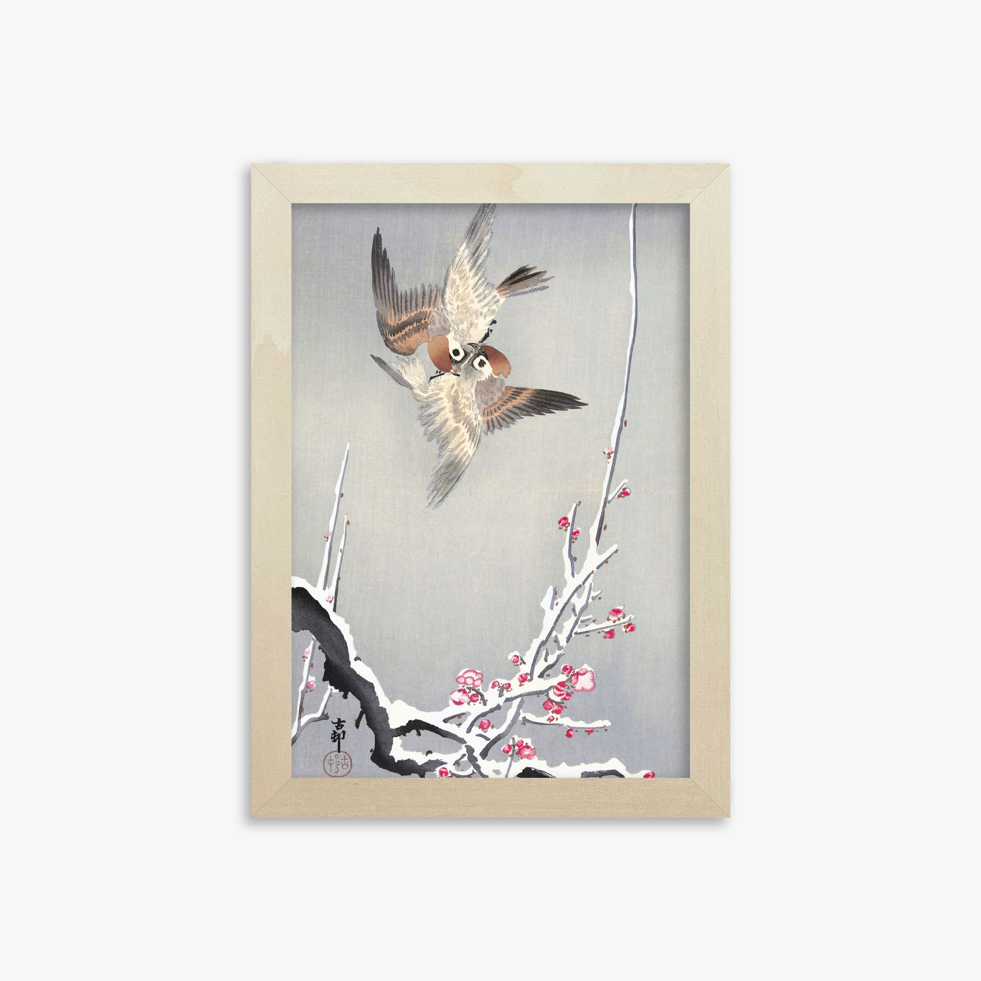 Ohara Koson: Sparrows and Snowy Plum Tree, 21x30cm Framed Art Reproduction With Lime Wood Frame