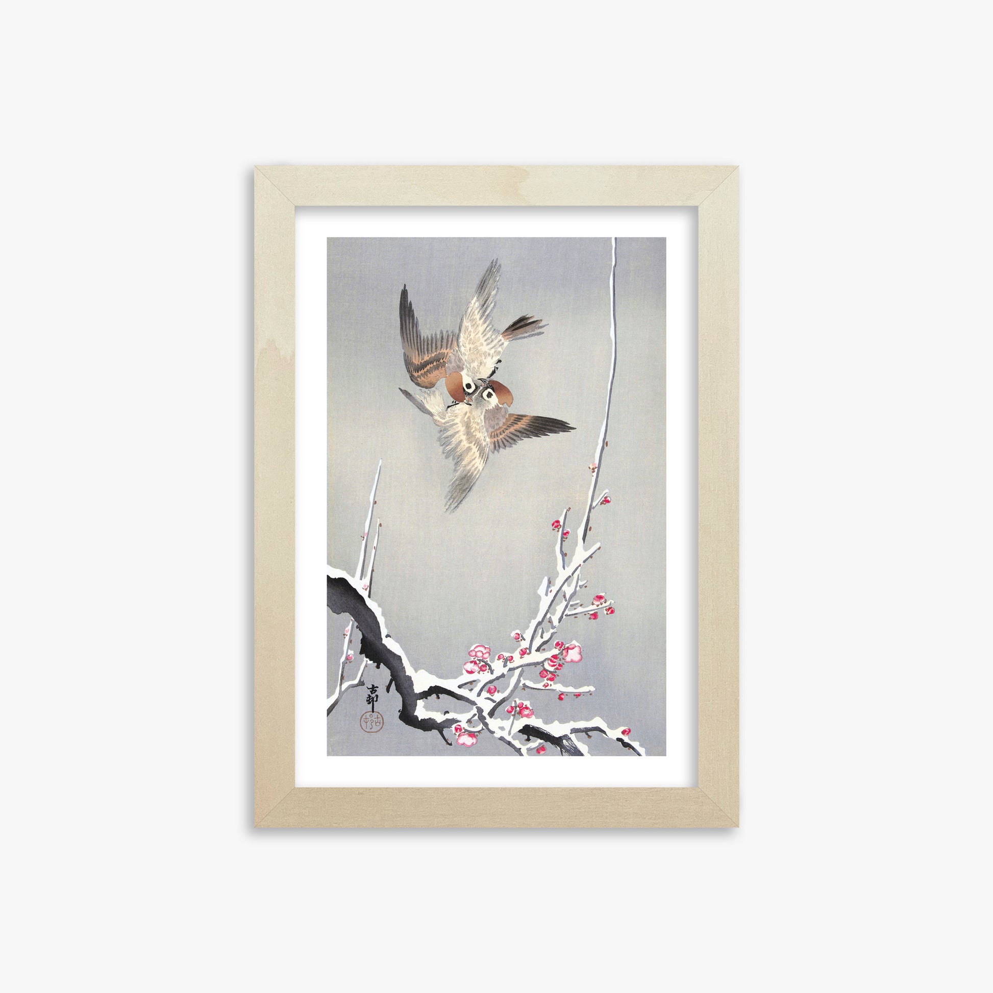 Ohara Koson: Sparrows and Snowy Plum Tree, 21x30cm Framed Art Reproduction With Lime Wood Frame