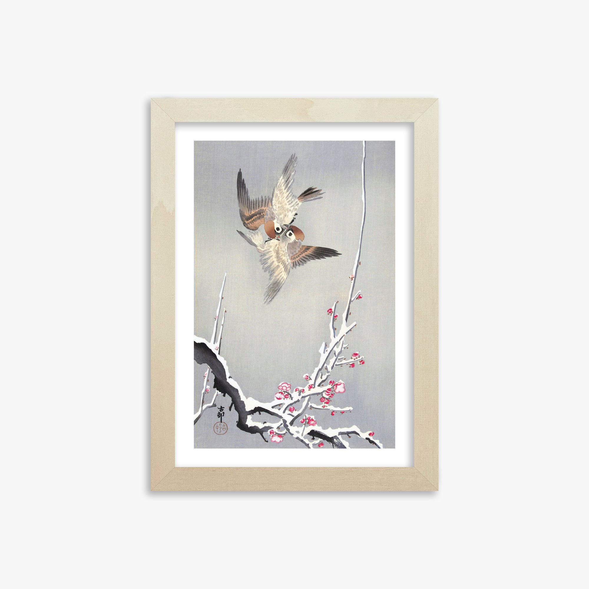 Ohara Koson: Sparrows and Snowy Plum Tree, 21x30cm Framed Art Reproduction With Lime Wood Frame