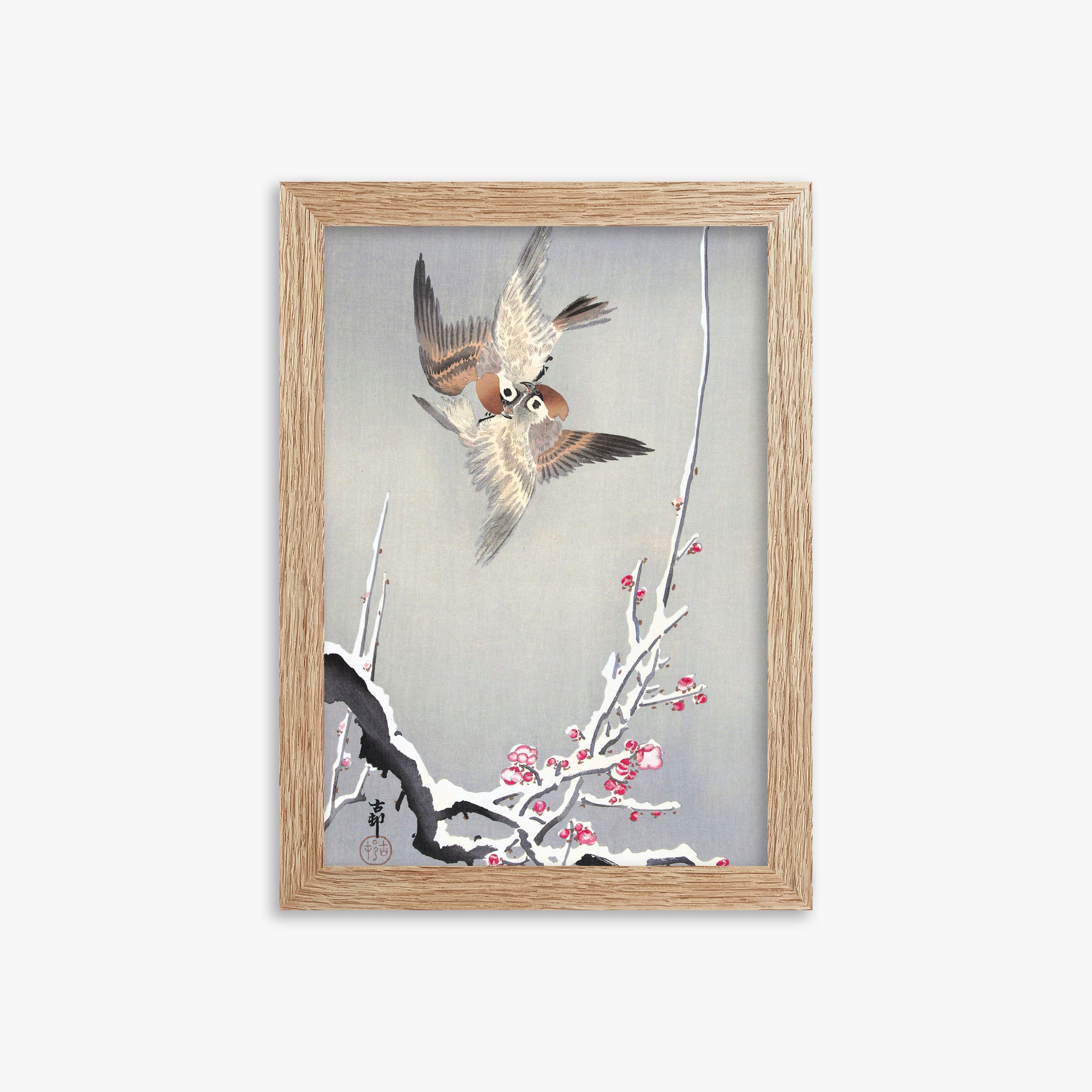 Ohara Koson: Sparrows and Snowy Plum Tree, 21x30cm Framed Art Reproduction With Raw Oak Frame