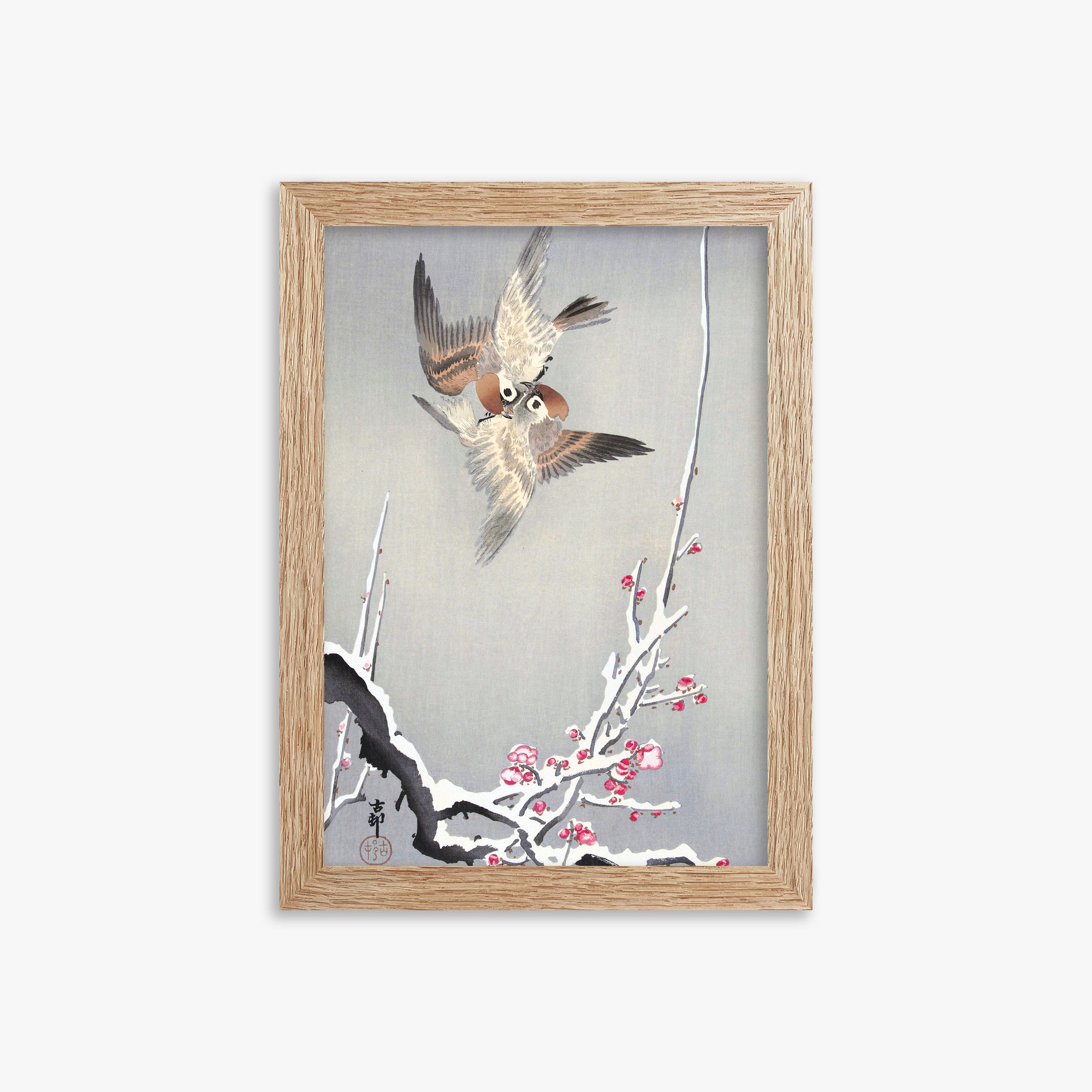 Ohara Koson: Sparrows and Snowy Plum Tree, 21x30cm Framed Art Reproduction With Raw Oak Frame
