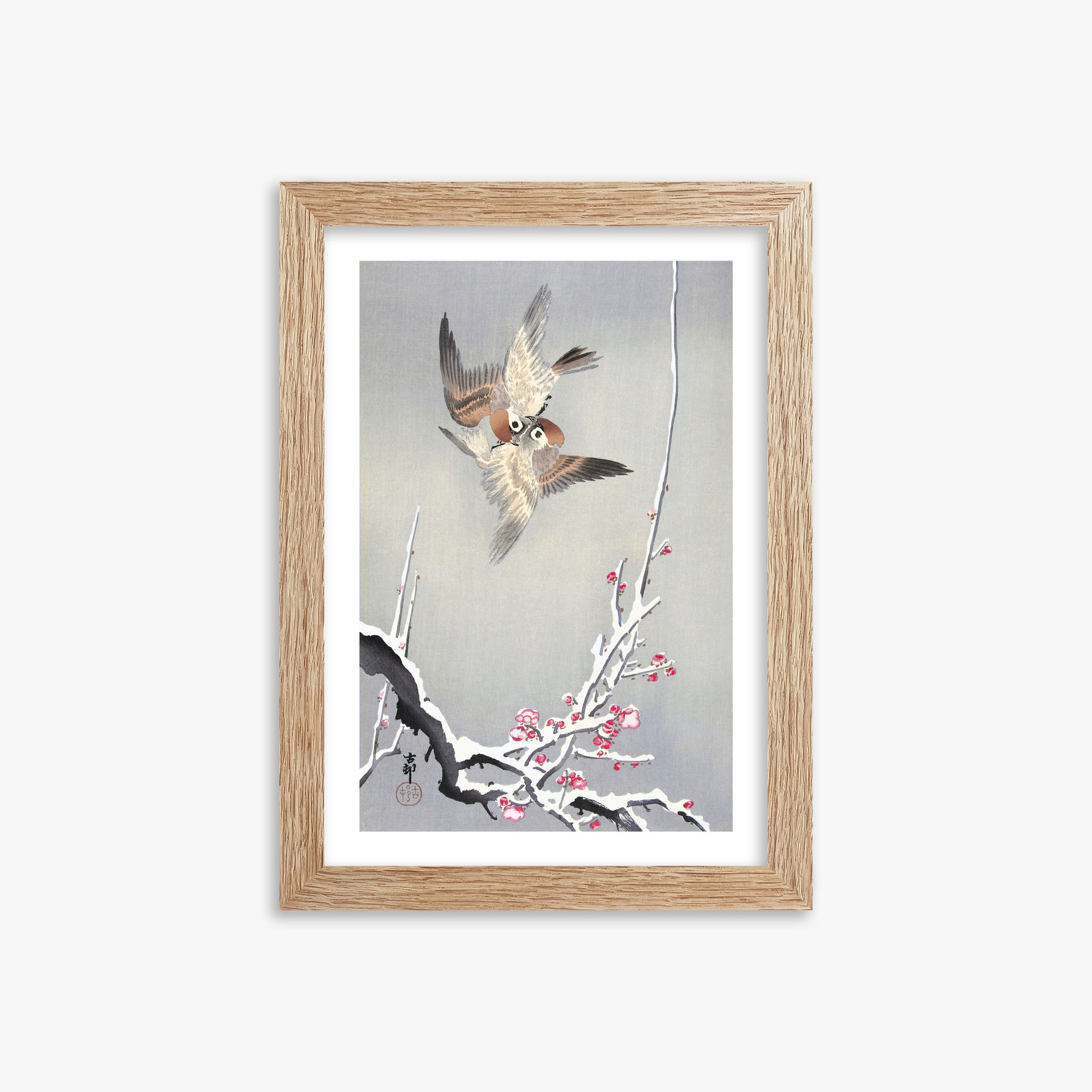 Ohara Koson: Sparrows and Snowy Plum Tree, 21x30cm Framed Art Reproduction With Raw Oak Frame