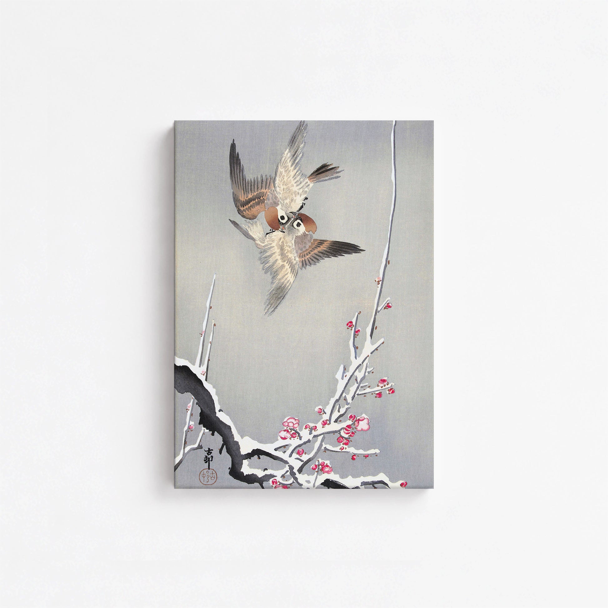 Ohara Koson: Sparrows and Snowy Plum Tree, 21x30cm Satin Canvas Art Reproduction