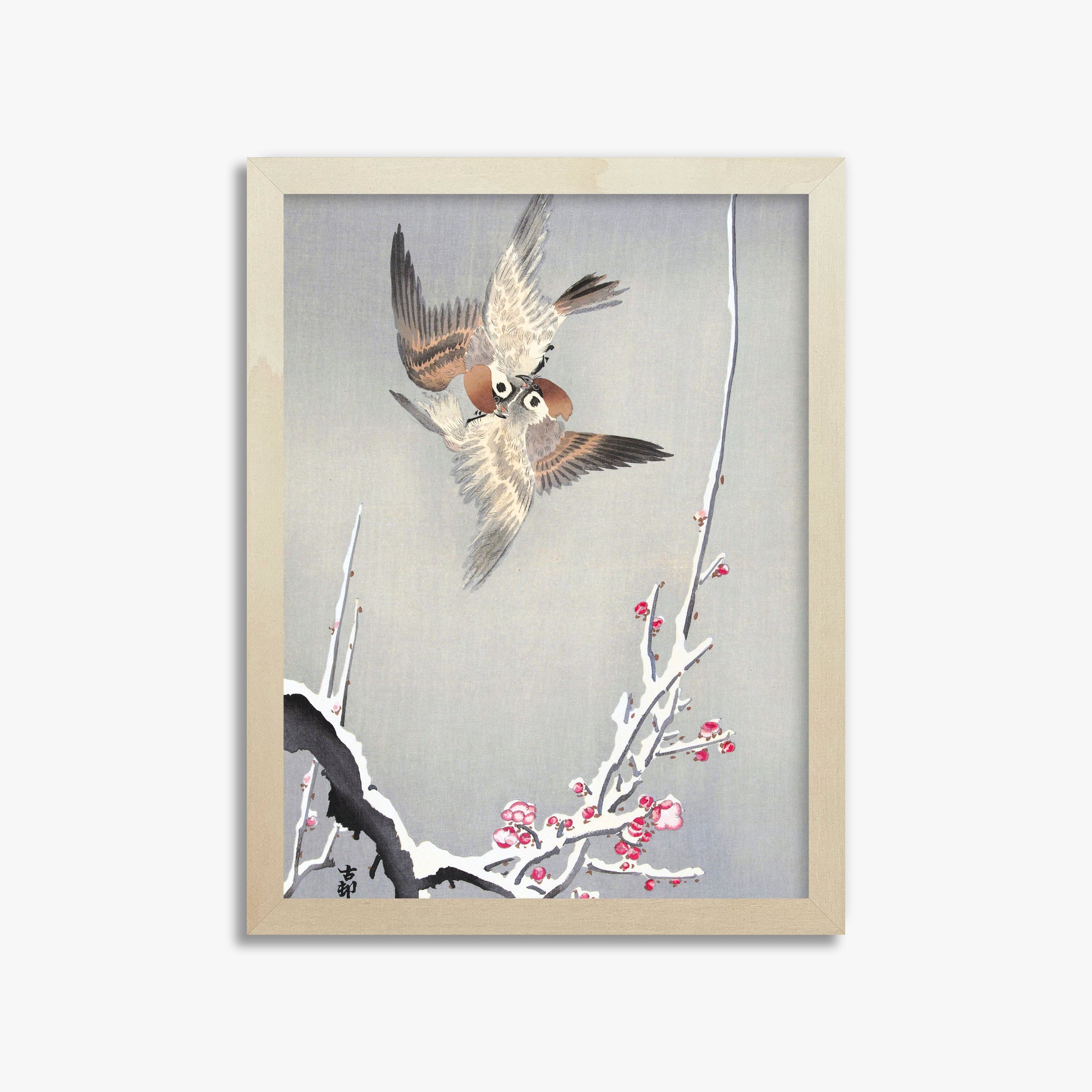 Ohara Koson: Sparrows and Snowy Plum Tree, 30x40cm Framed Art Reproduction With Lime Wood Frame