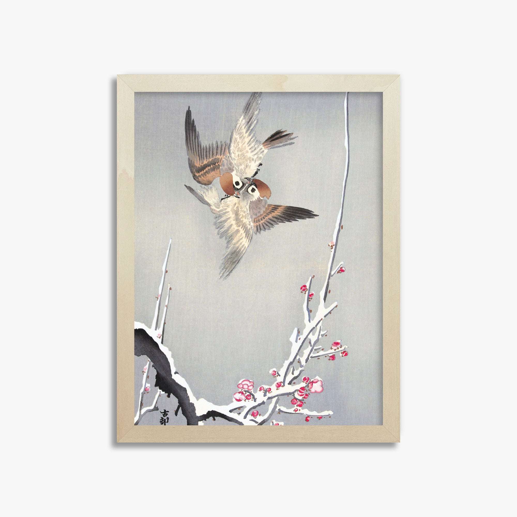Ohara Koson: Sparrows and Snowy Plum Tree, 30x40cm Framed Art Reproduction With Lime Wood Frame