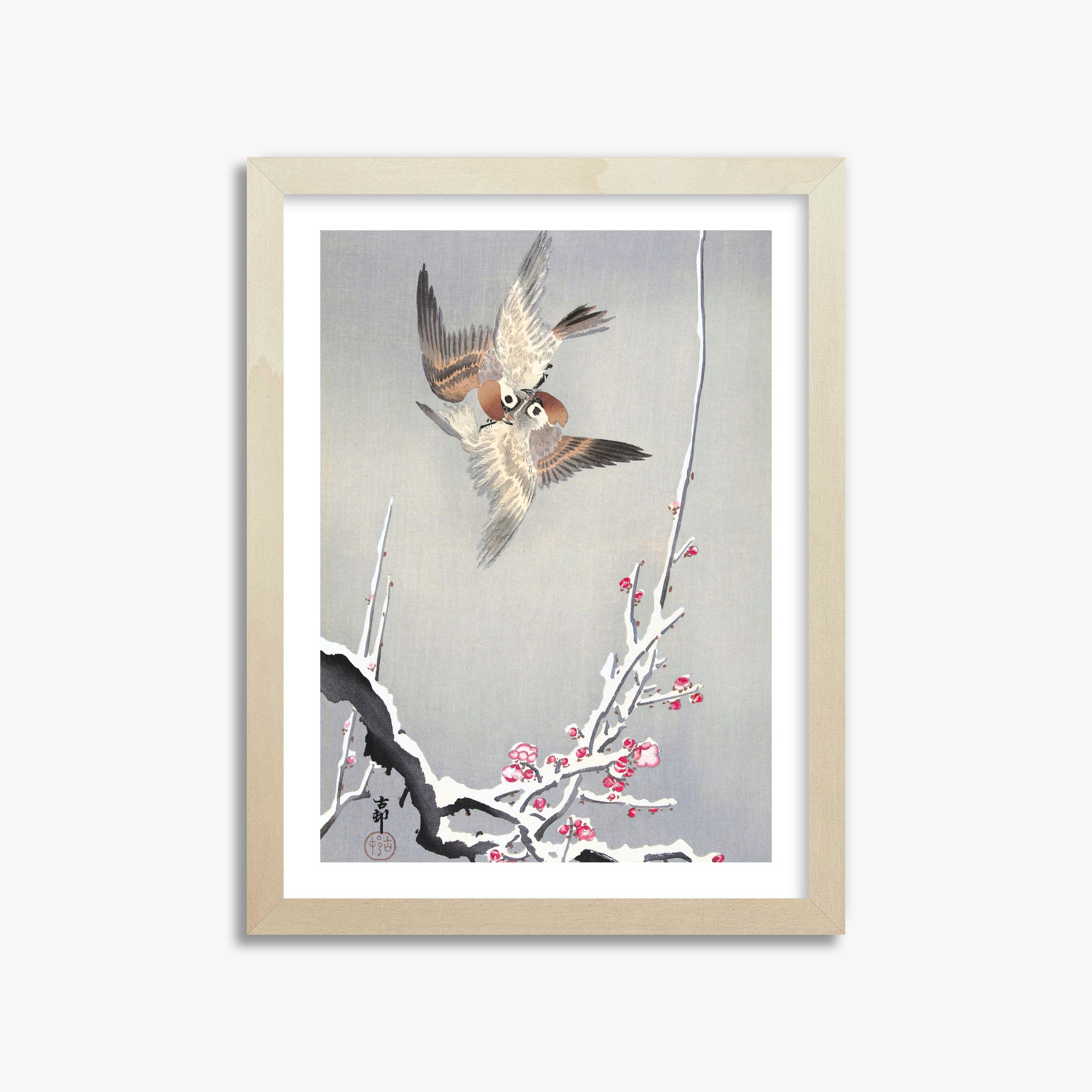 Ohara Koson: Sparrows and Snowy Plum Tree, 30x40cm Framed Art Reproduction With Lime Wood Frame