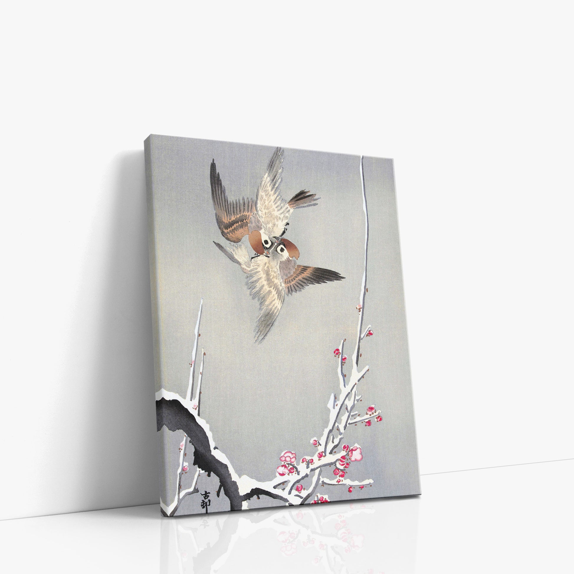 Ohara Koson: Sparrows and Snowy Plum Tree, 30x40cm Satin Canvas Art Reproduction Left Angle