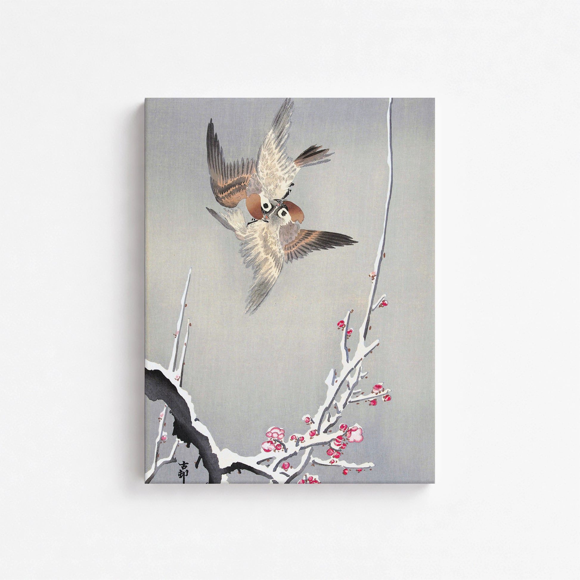 Ohara Koson: Sparrows and Snowy Plum Tree, 30x40cm Satin Canvas Art Reproduction