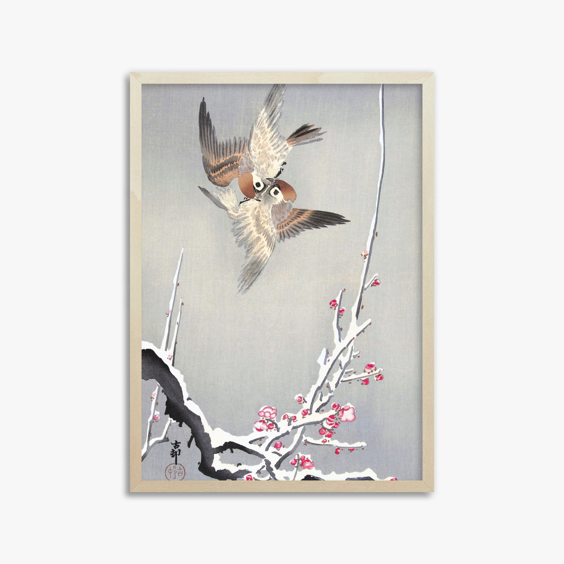 Ohara Koson: Sparrows and Snowy Plum Tree, 50x70cm Framed Art Reproduction With Lime Wood Frame