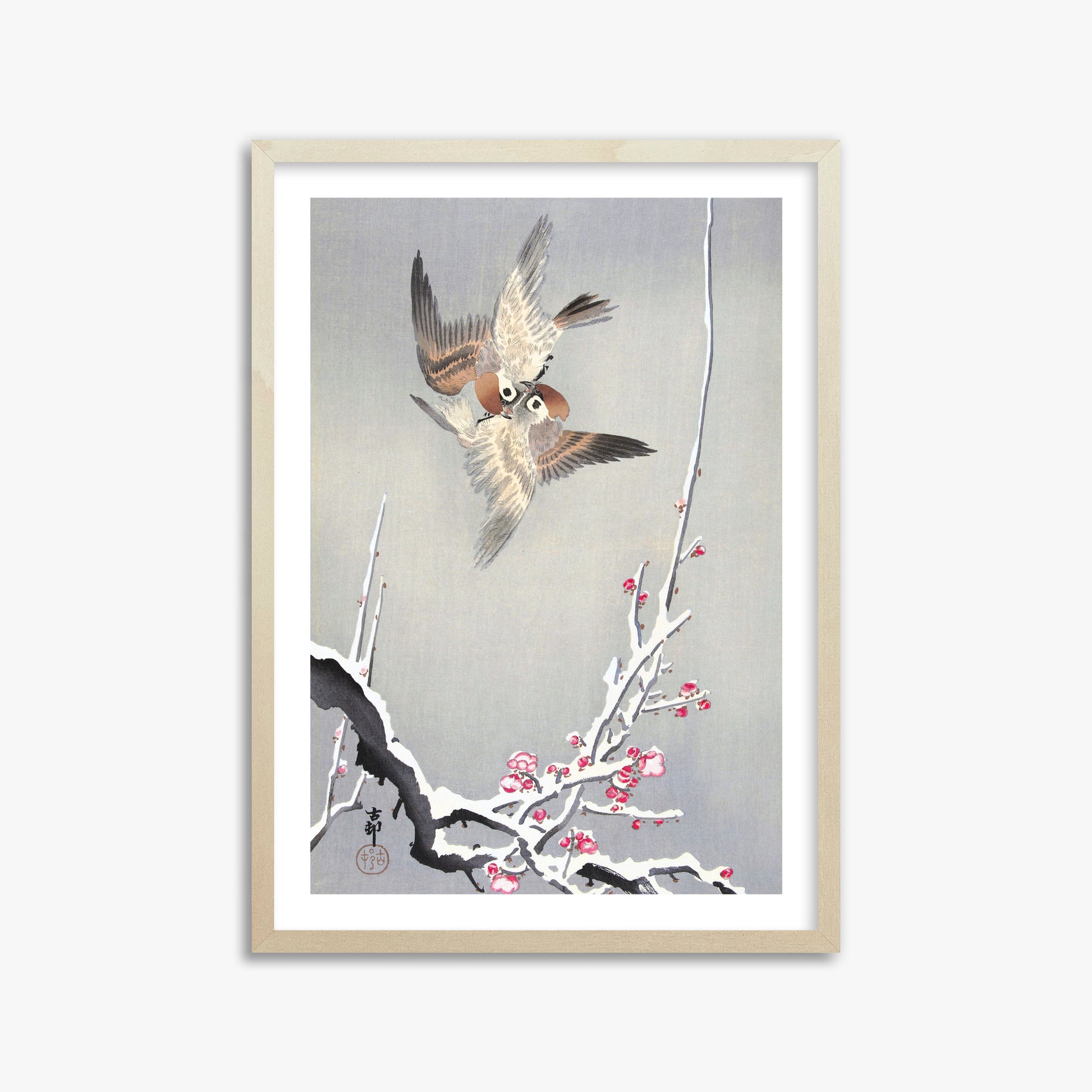 Ohara Koson: Sparrows and Snowy Plum Tree, 50x70cm Framed Art Reproduction With Lime Wood Frame