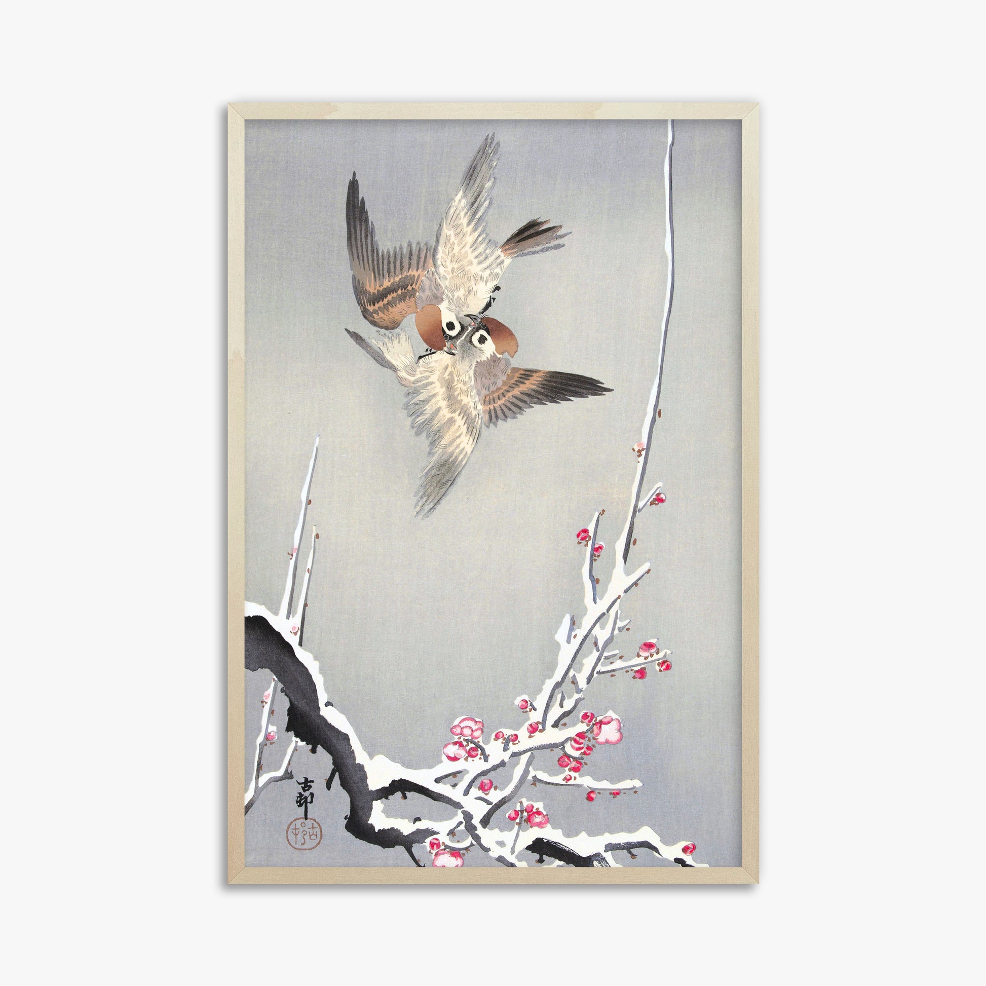 Ohara Koson: Sparrows and Snowy Plum Tree, 61x91cm Framed Art Reproduction With Lime Wood Frame