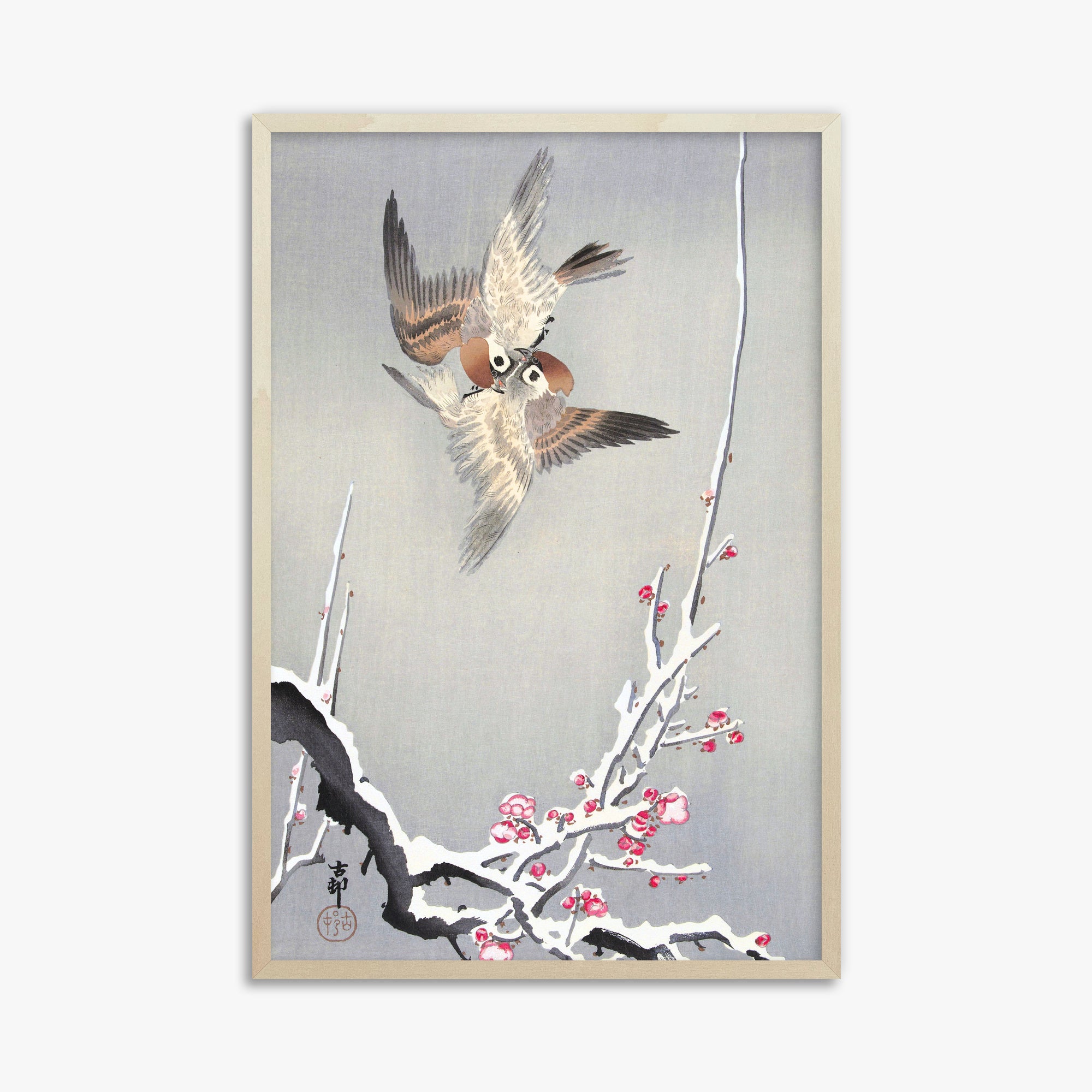 Ohara Koson: Sparrows and Snowy Plum Tree, 61x91cm Framed Art Reproduction With Lime Wood Frame