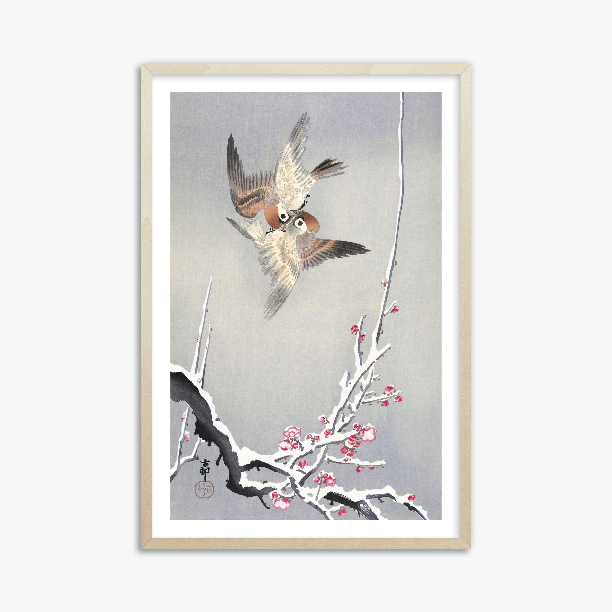 Ohara Koson: Sparrows and Snowy Plum Tree, 61x91cm Framed Art Reproduction With Lime Wood Frame