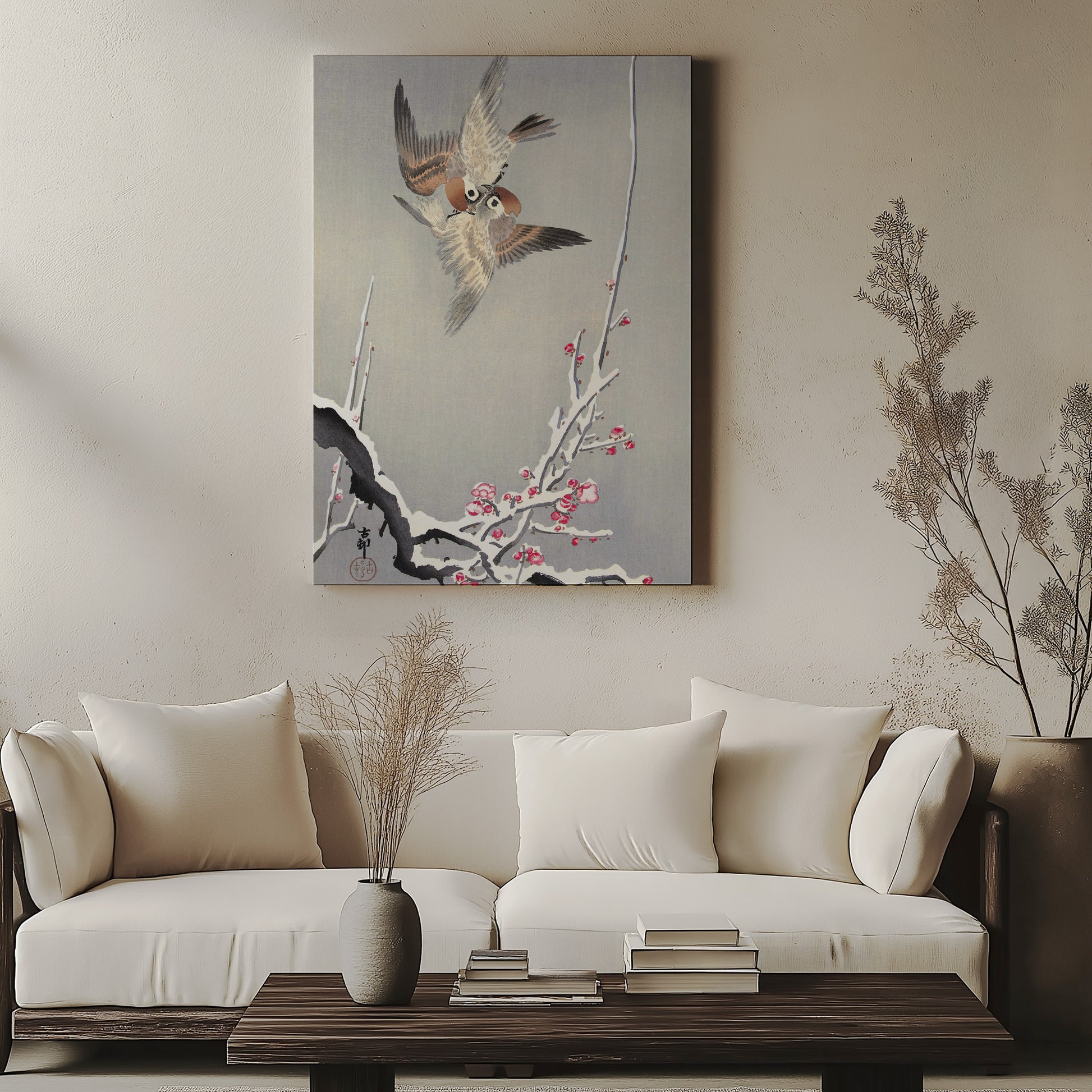 Design Concept No. 57 for Ohara Koson: Sparrows and Snowy Plum Tree Japanese Wall Art
