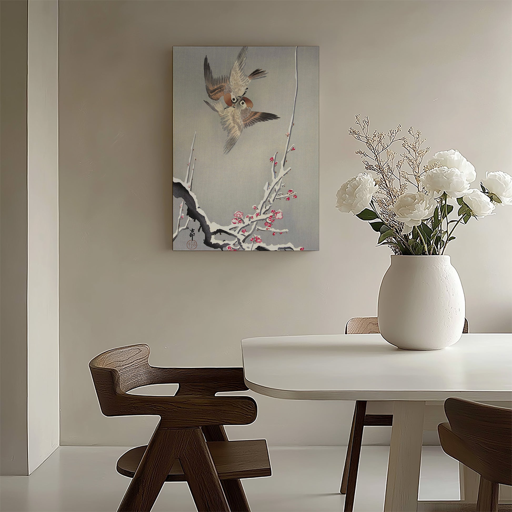 Design Concept No. 58 for Ohara Koson: Sparrows and Snowy Plum Tree Japanese Wall Art