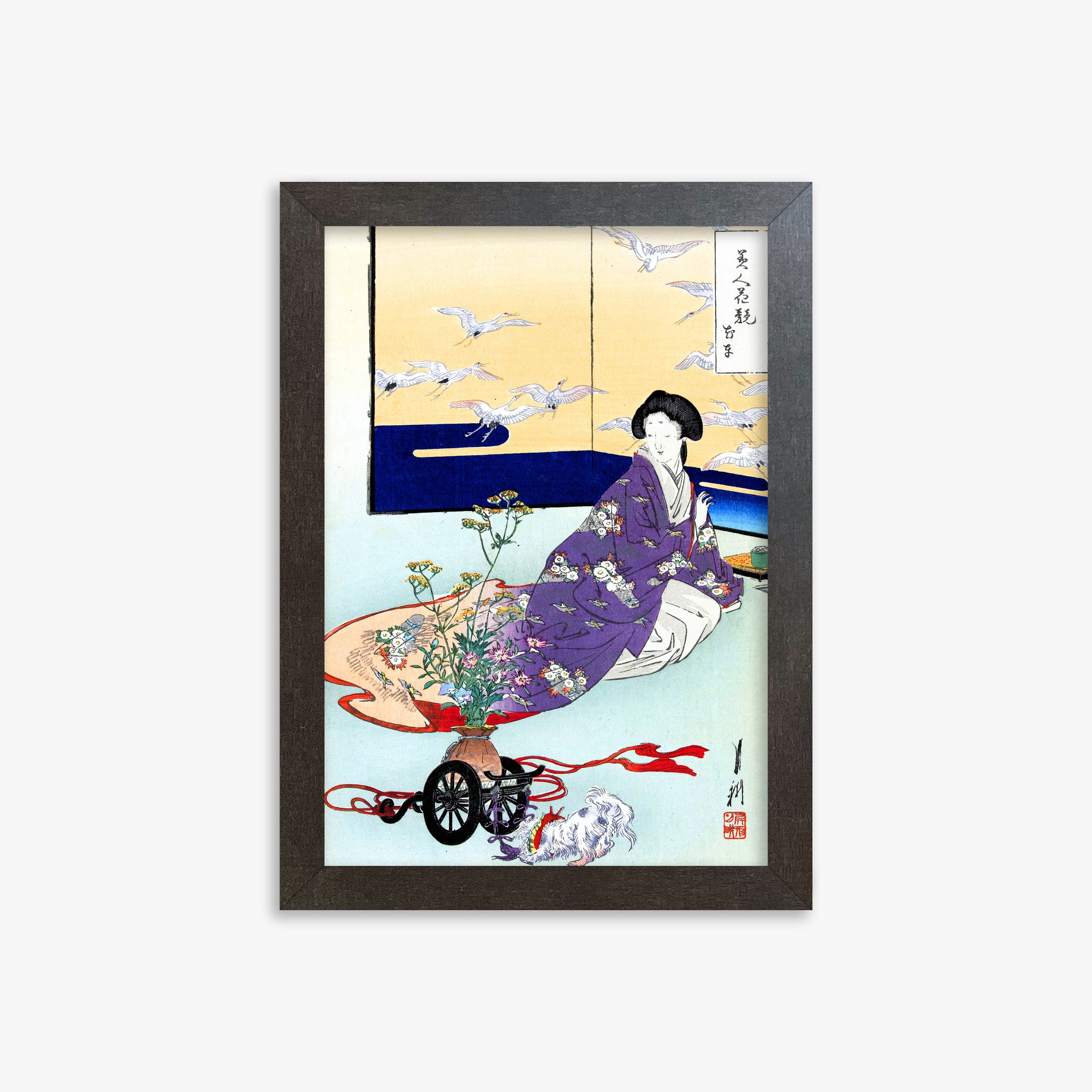 Ogata Gekko: Dog Playing with Flower Cart, 21x30cm Framed Art Reproduction With Espresso Frame
