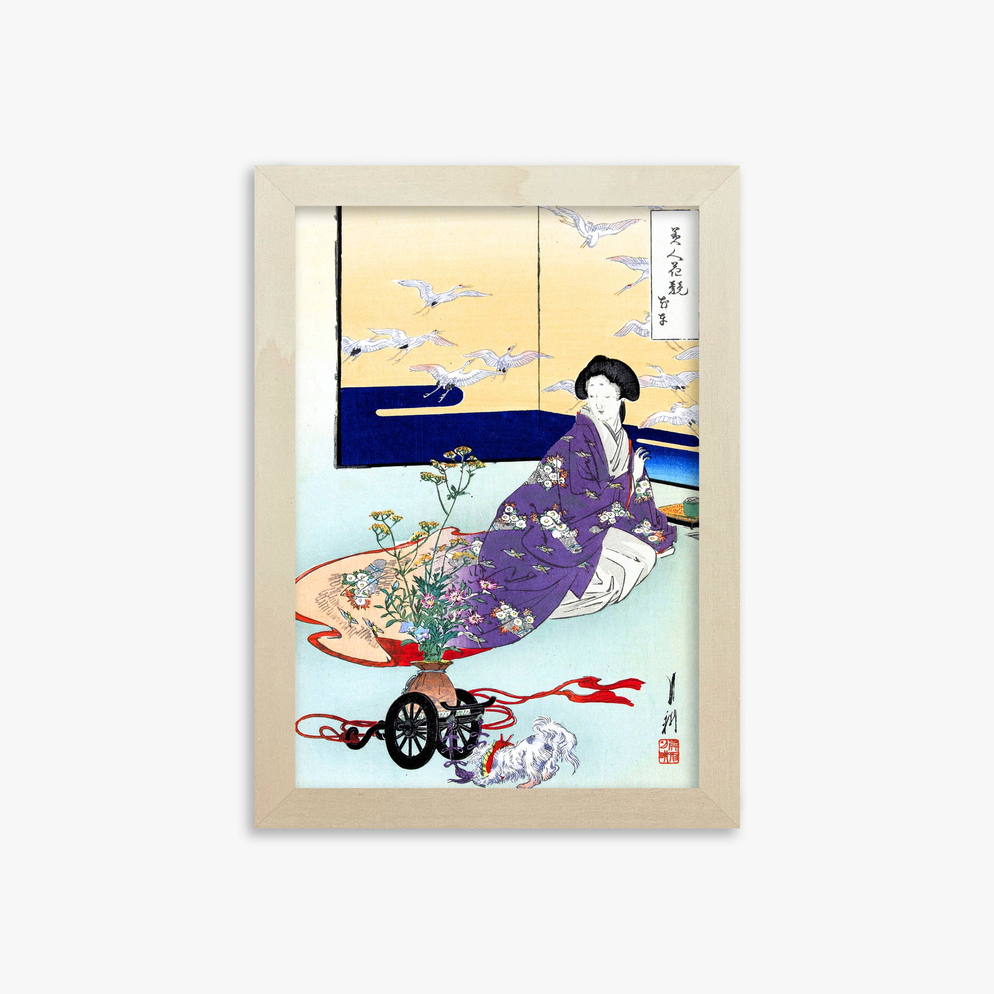 Ogata Gekko: Dog Playing with Flower Cart, 21x30cm Framed Art Reproduction With Lime Wood Frame