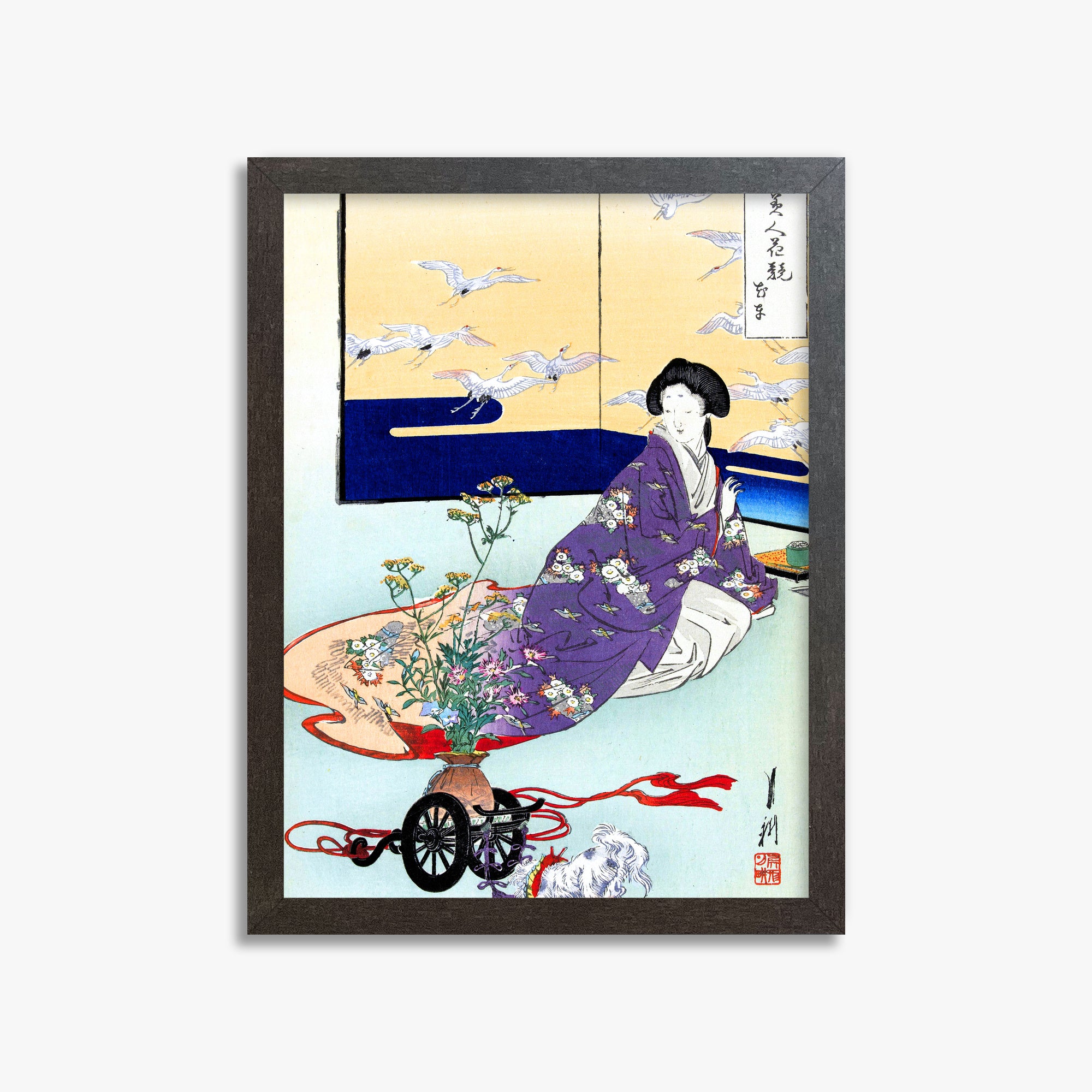 Ogata Gekko: Dog Playing with Flower Cart, 30x40cm Framed Art Reproduction With Espresso Frame