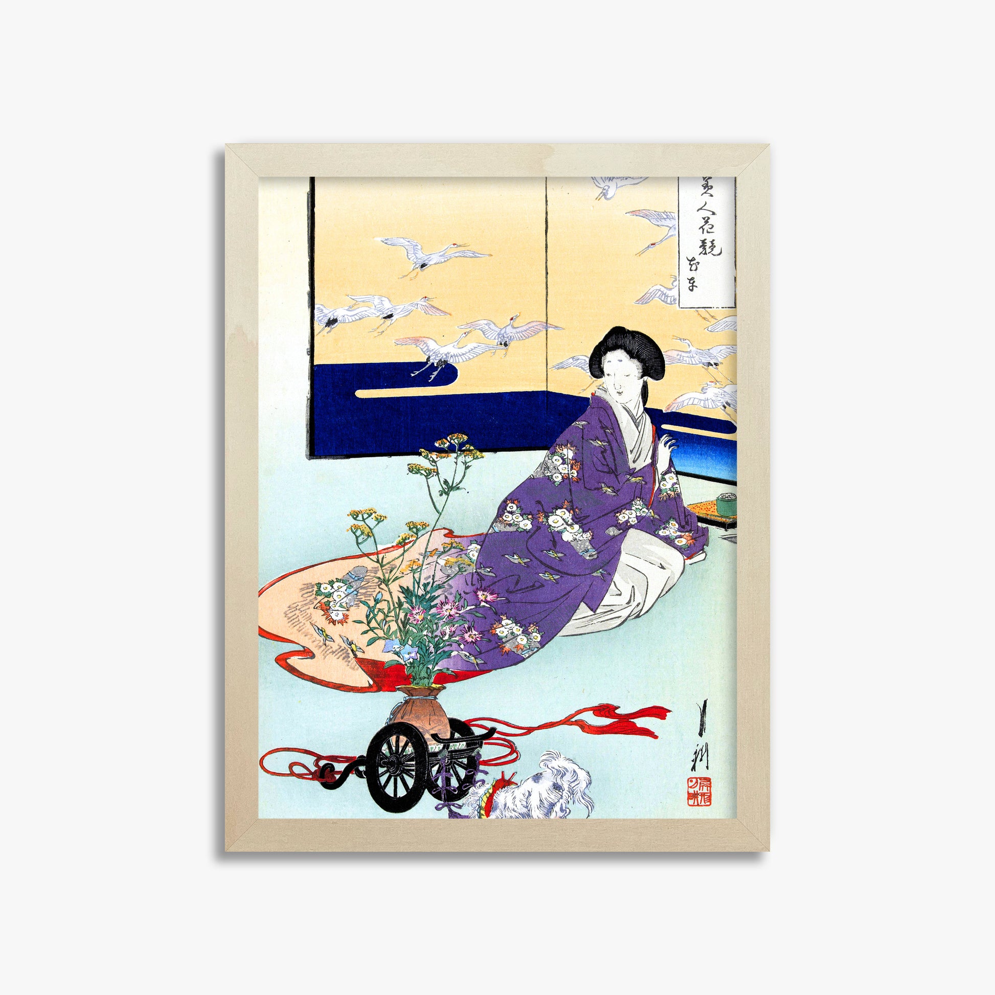 Ogata Gekko: Dog Playing with Flower Cart, 30x40cm Framed Art Reproduction With Lime Wood Frame