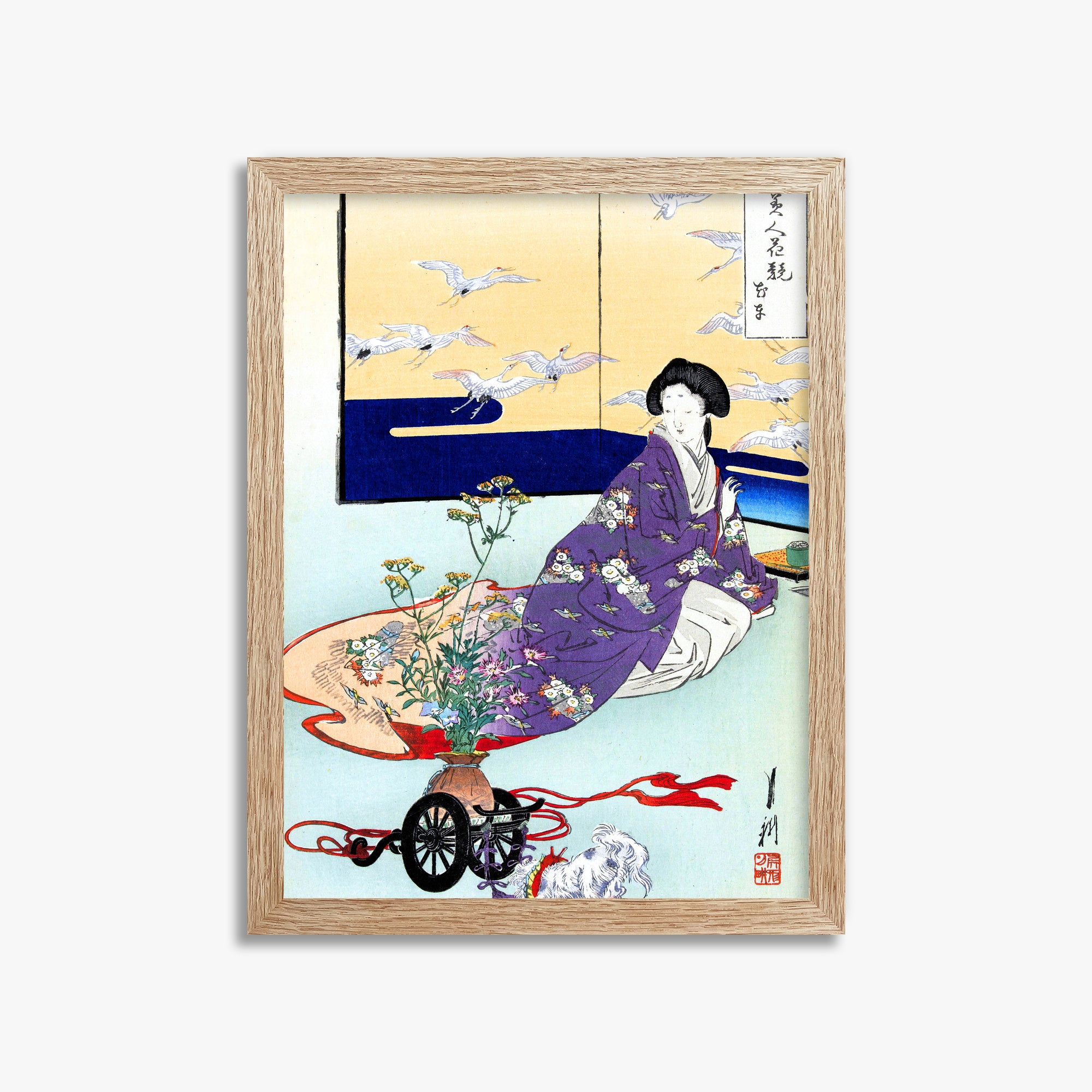 Ogata Gekko: Dog Playing with Flower Cart, 30x40cm Framed Art Reproduction With Raw Oak Frame
