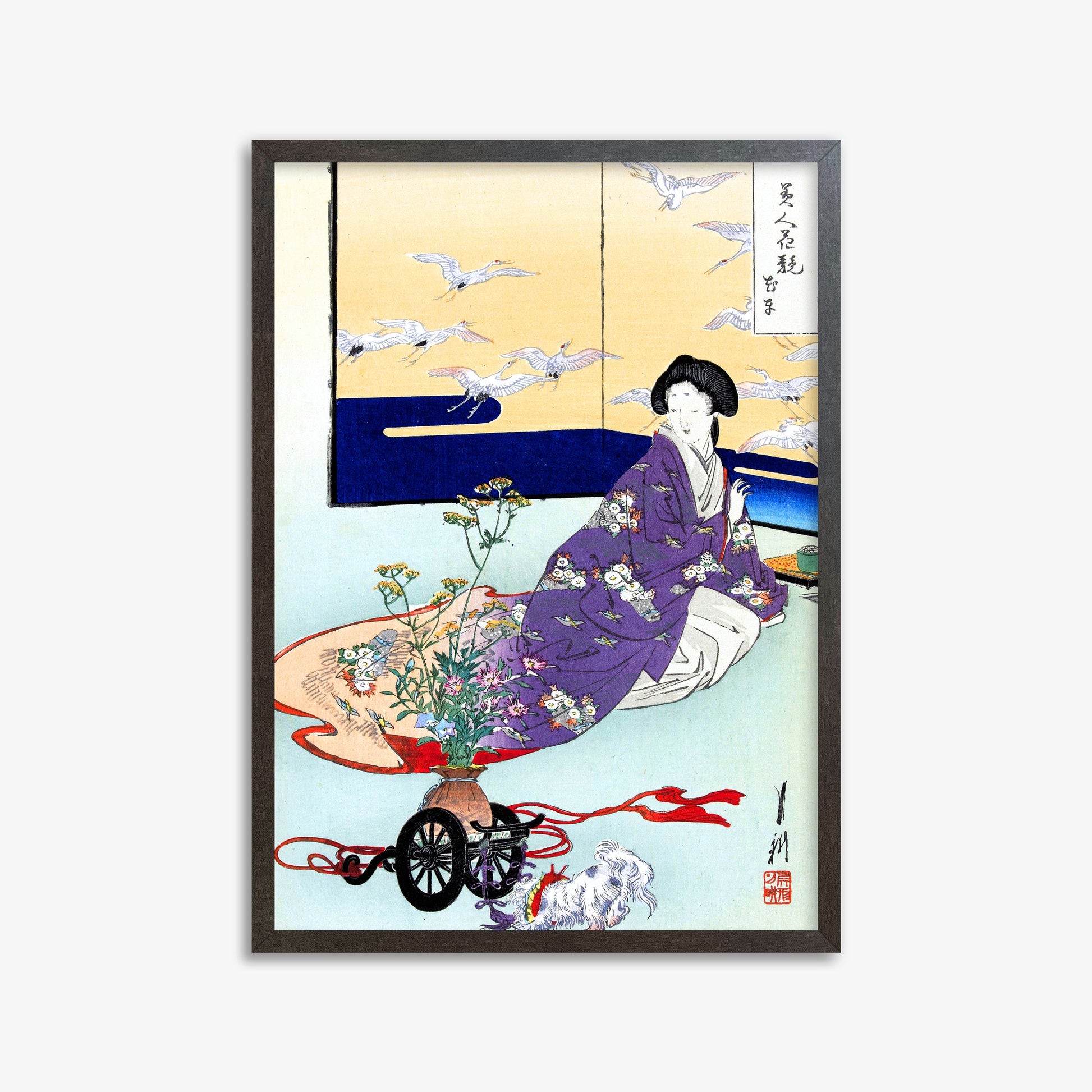 Ogata Gekko: Dog Playing with Flower Cart, 50x70cm Framed Art Reproduction With Espresso Frame