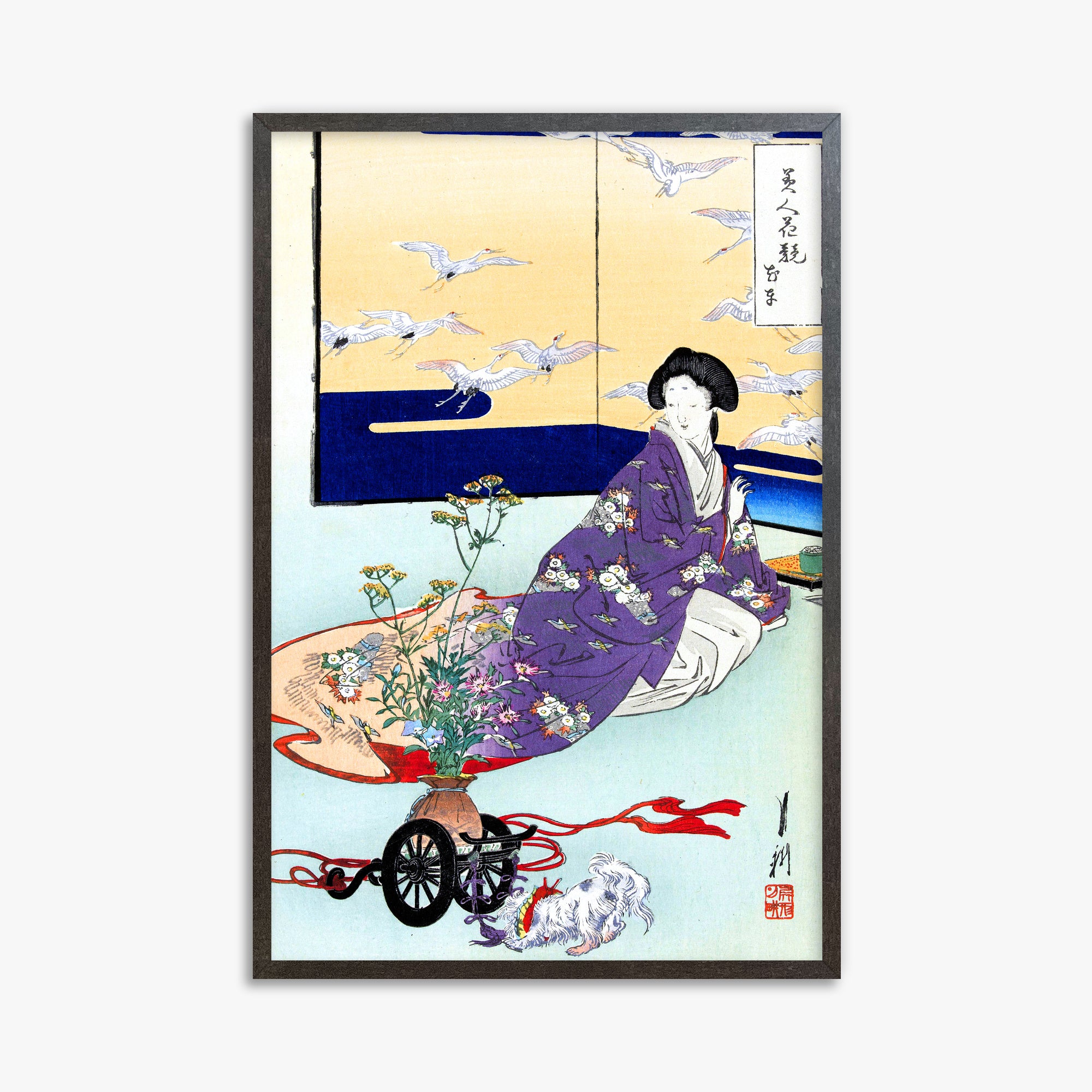Ogata Gekko: Dog Playing with Flower Cart, 61x91cm Framed Art Reproduction With Espresso Frame