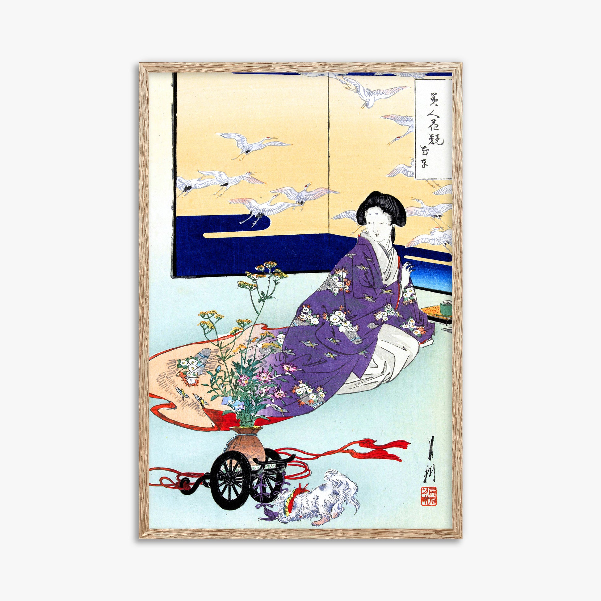 Ogata Gekko: Dog Playing with Flower Cart, 61x91cm Framed Art Reproduction With Raw Oak Frame