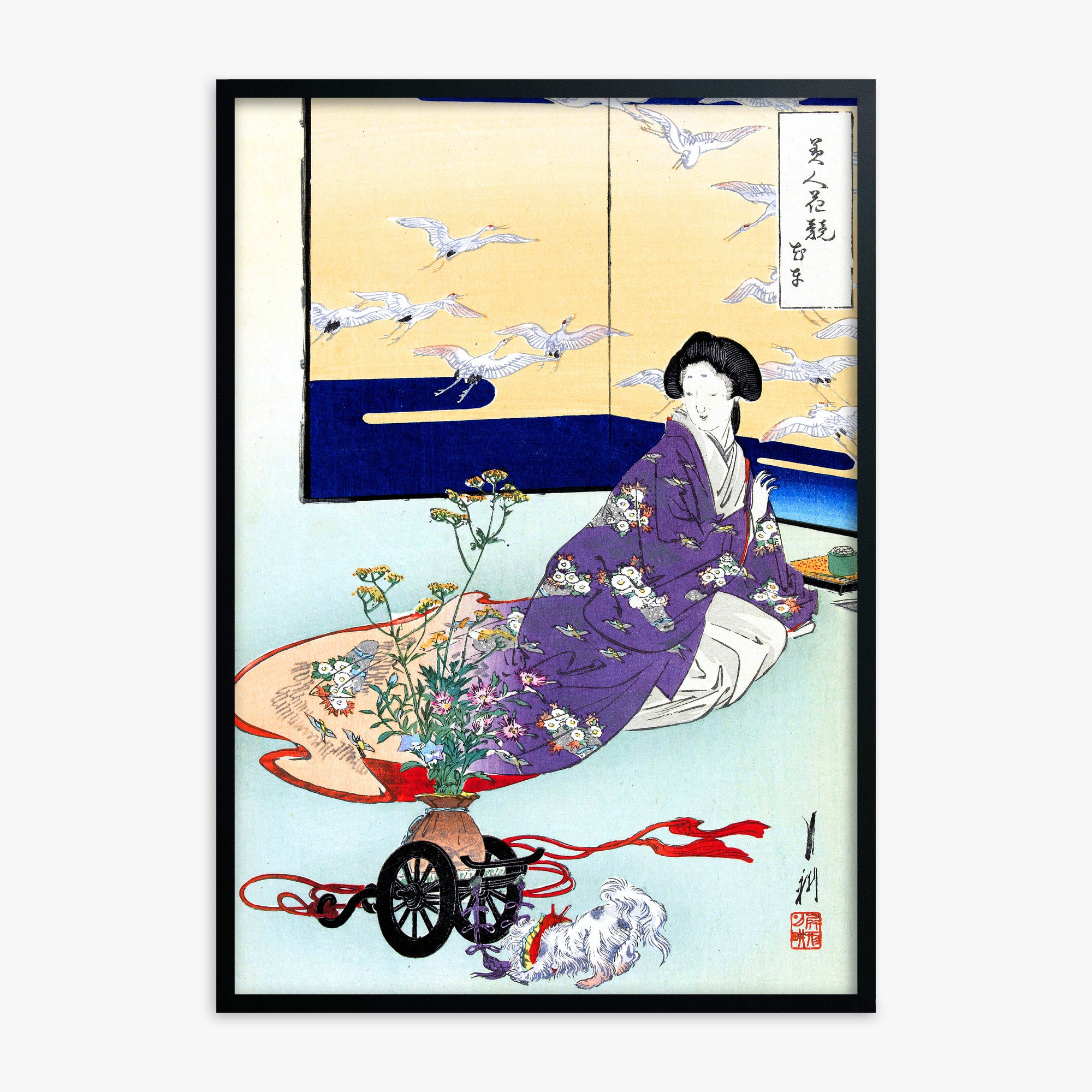 Ogata Gekko: Dog Playing with Flower Cart, Black Framed Art Reproduction With Black Frame