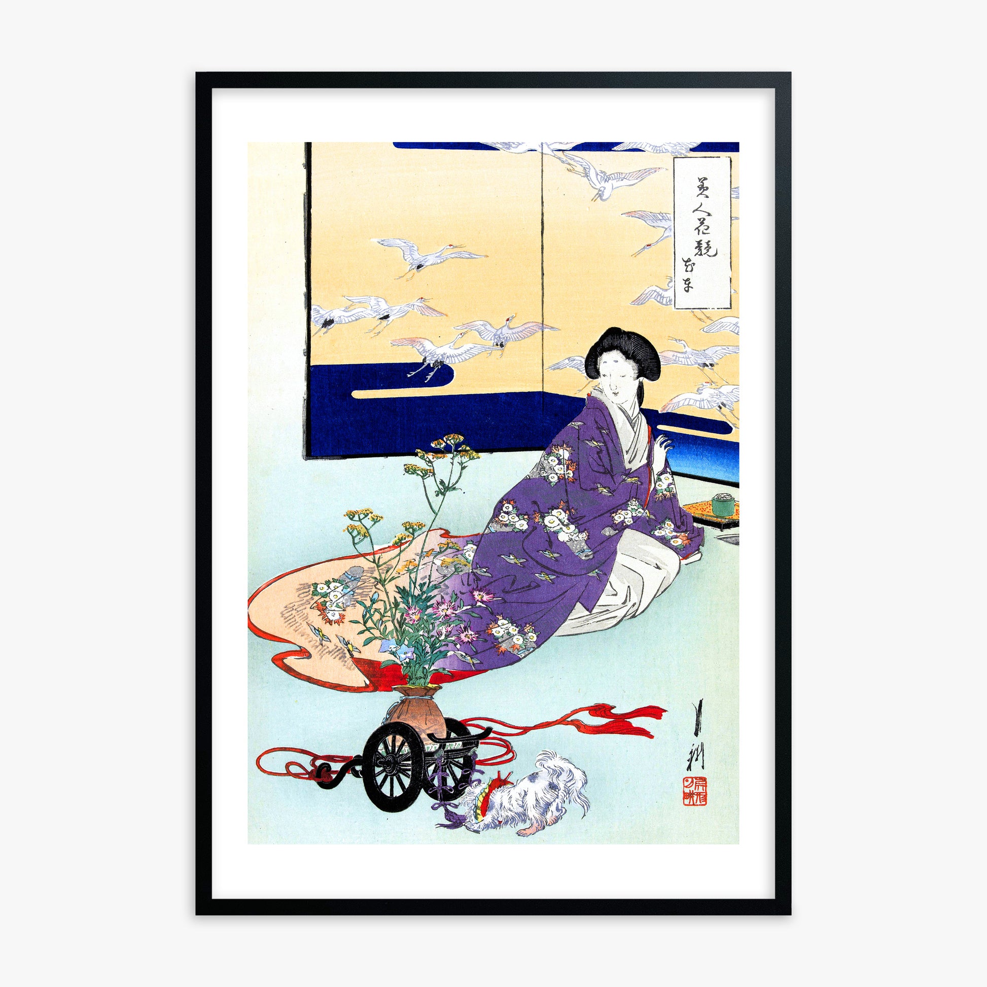 Ogata Gekko: Dog Playing with Flower Cart, Black Framed Art Reproduction With Black Frame