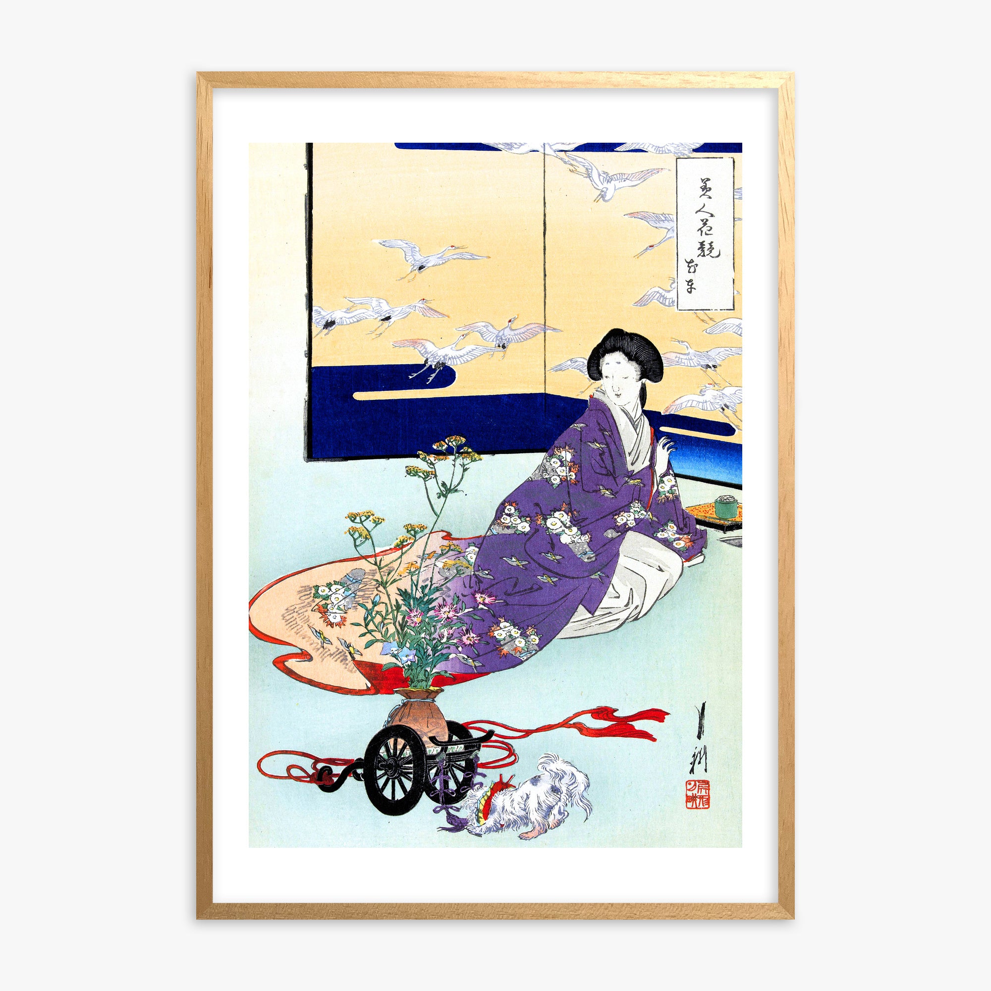 Ogata Gekko: Dog Playing with Flower Cart, Oak Framed Art Reproduction With Oak Frame