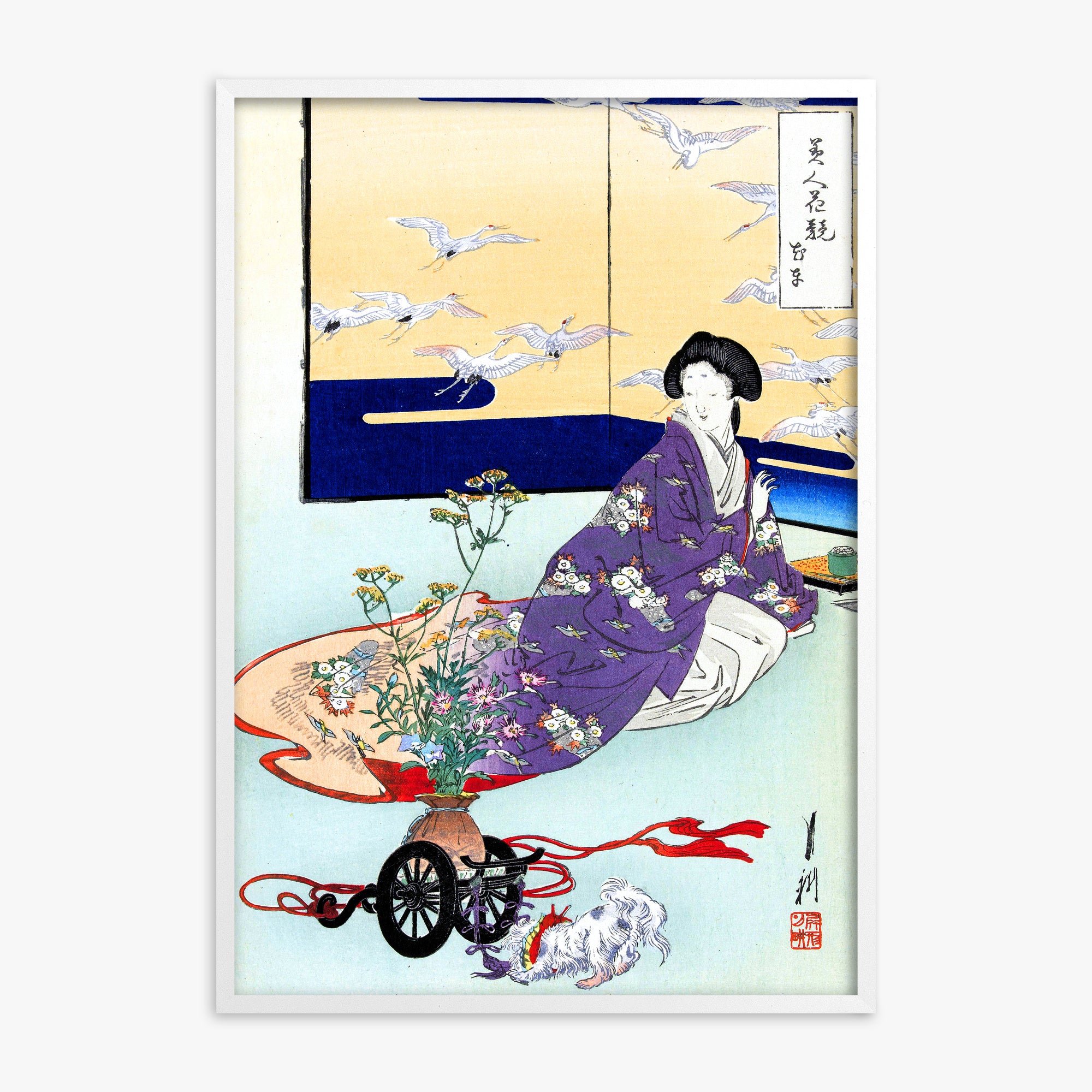 Ogata Gekko: Dog Playing with Flower Cart, White Framed Art Reproduction With White Frame
