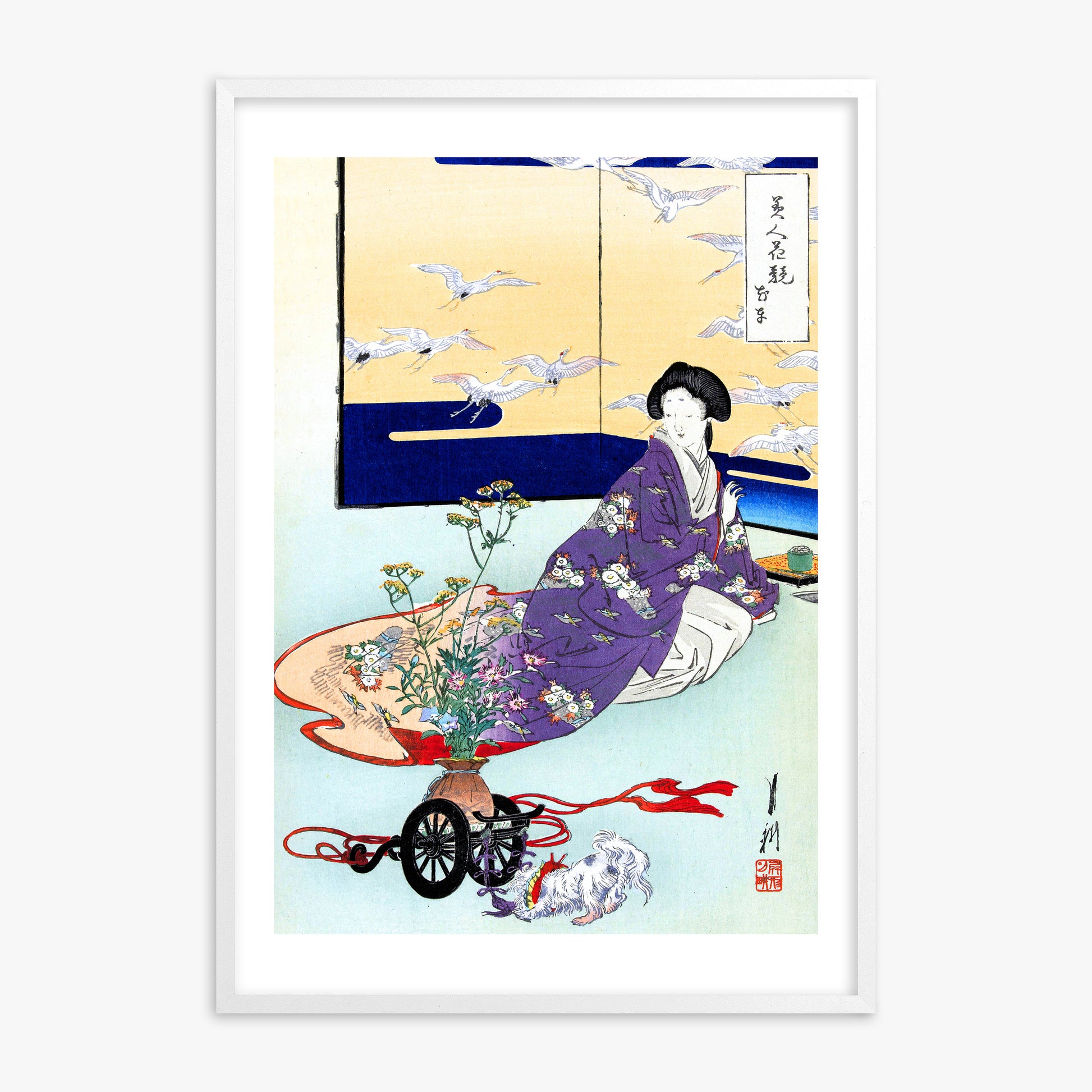 Ogata Gekko: Dog Playing with Flower Cart, White Framed Art Reproduction With White Frame
