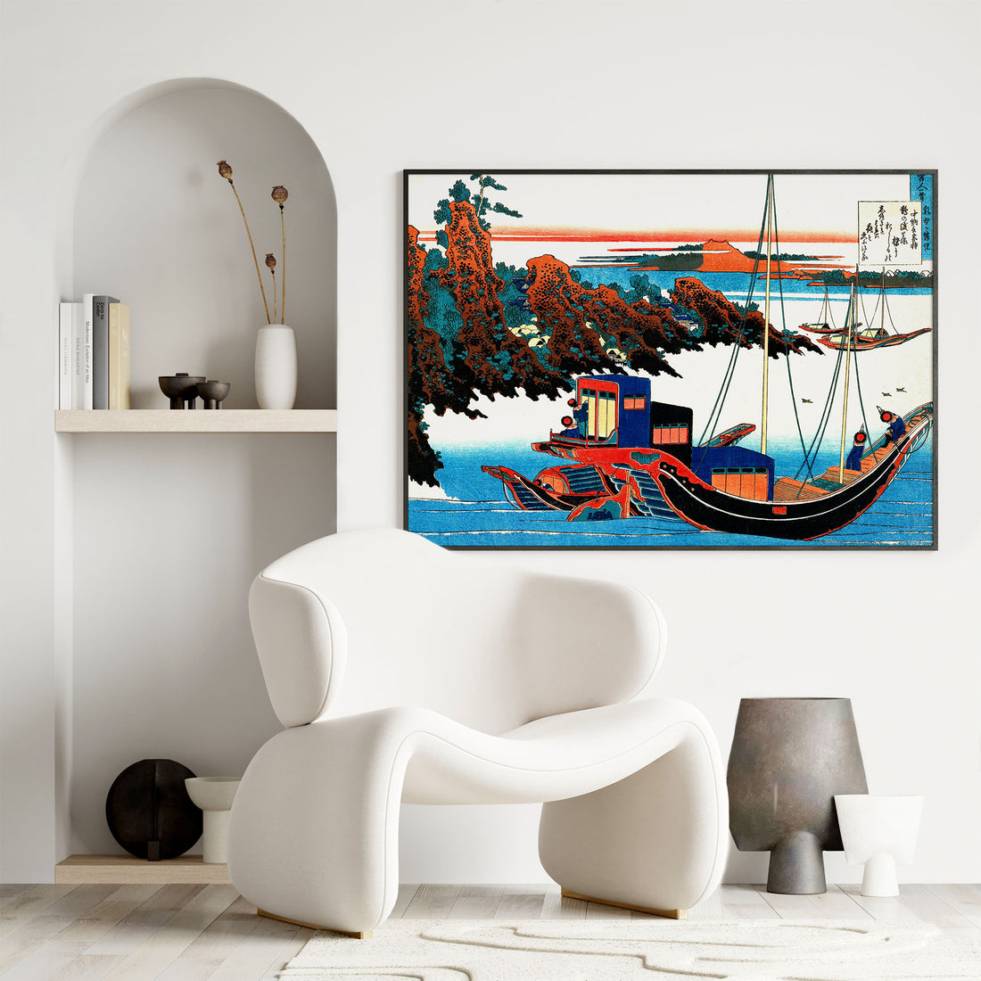 Katsushika Hokusai: Poem by Chūnagon Yakamochi, 50x70cm Framed Art Reproduction With Black Frame
