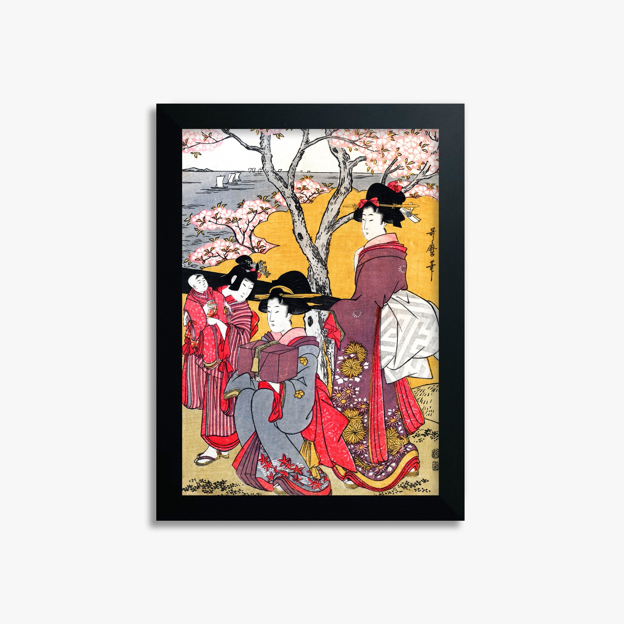 Kitagawa Utamaro: Cherry-viewing at Gotenyama, 21x30cm Framed Art Reproduction With Black Frame