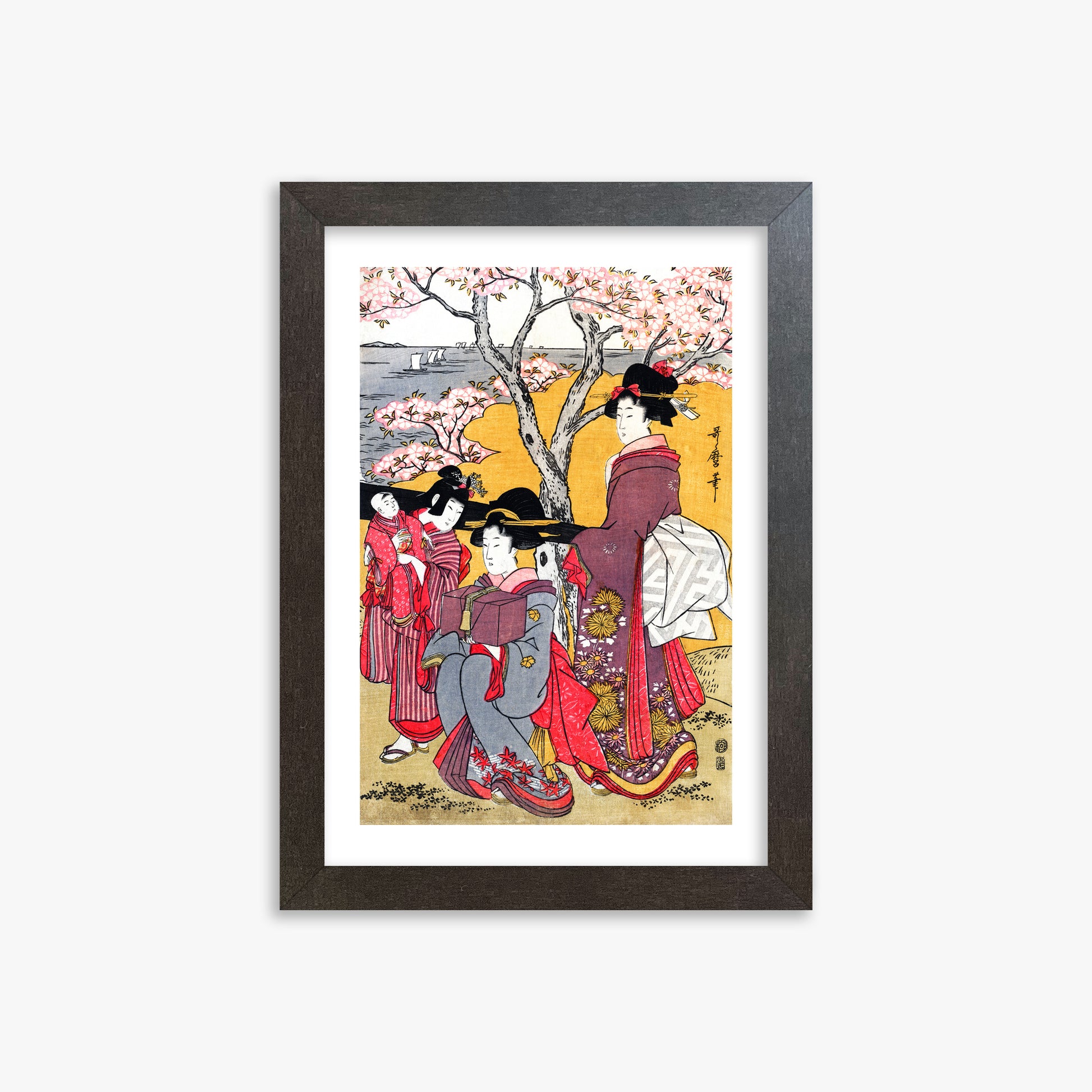 Kitagawa Utamaro: Cherry-viewing at Gotenyama, 21x30cm Framed Art Reproduction With Espresso Frame