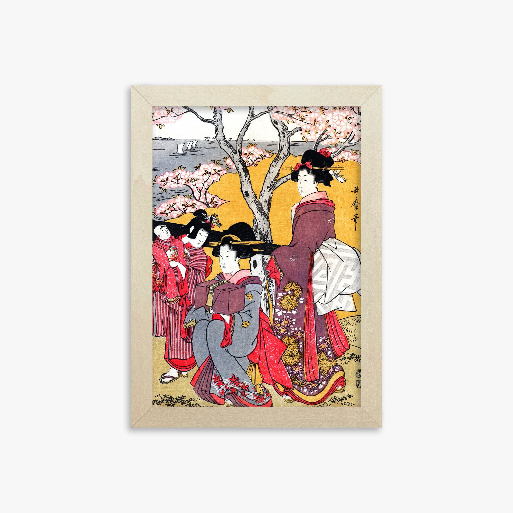 Kitagawa Utamaro: Cherry-viewing at Gotenyama, 21x30cm Framed Art Reproduction With Lime Wood Frame