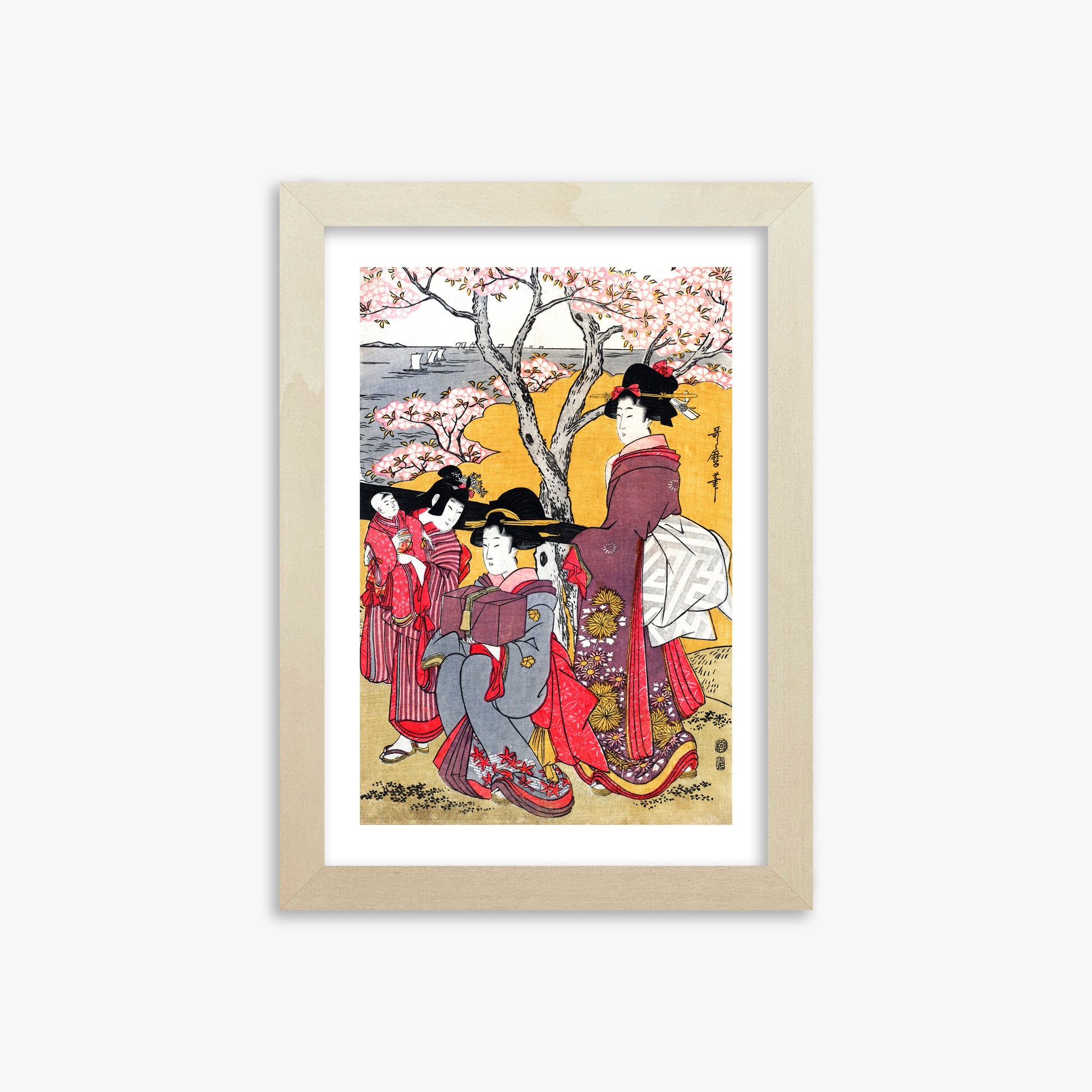 Kitagawa Utamaro: Cherry-viewing at Gotenyama, 21x30cm Framed Art Reproduction With Lime Wood Frame