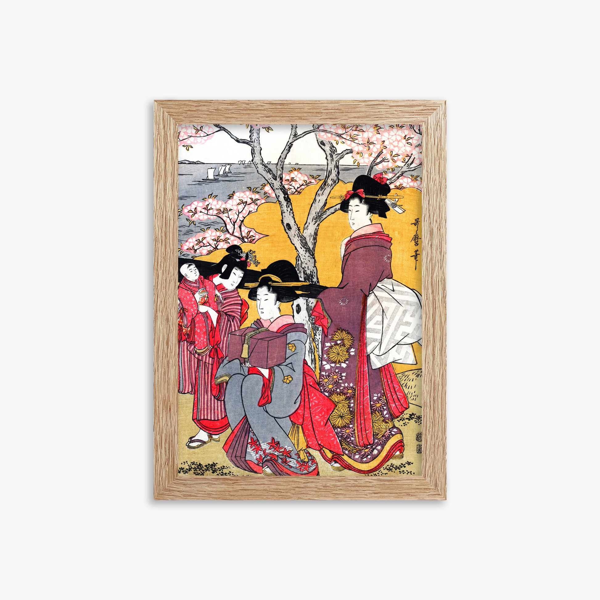 Kitagawa Utamaro: Cherry-viewing at Gotenyama, 21x30cm Framed Art Reproduction With Raw Oak Frame