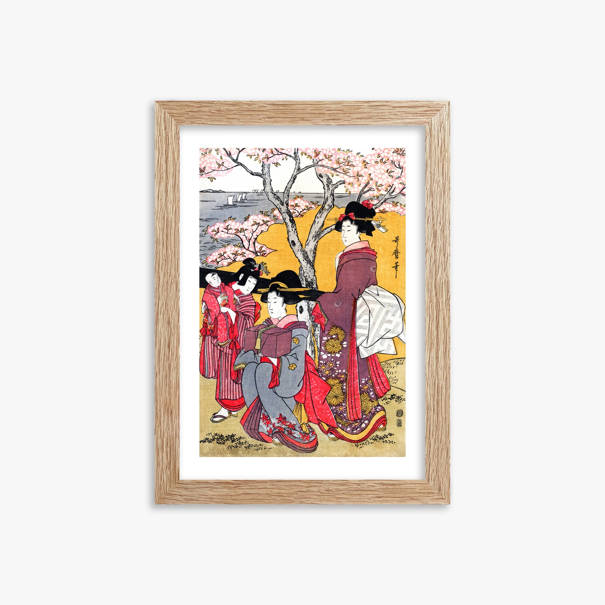 Kitagawa Utamaro: Cherry-viewing at Gotenyama, 21x30cm Framed Art Reproduction With Raw Oak Frame