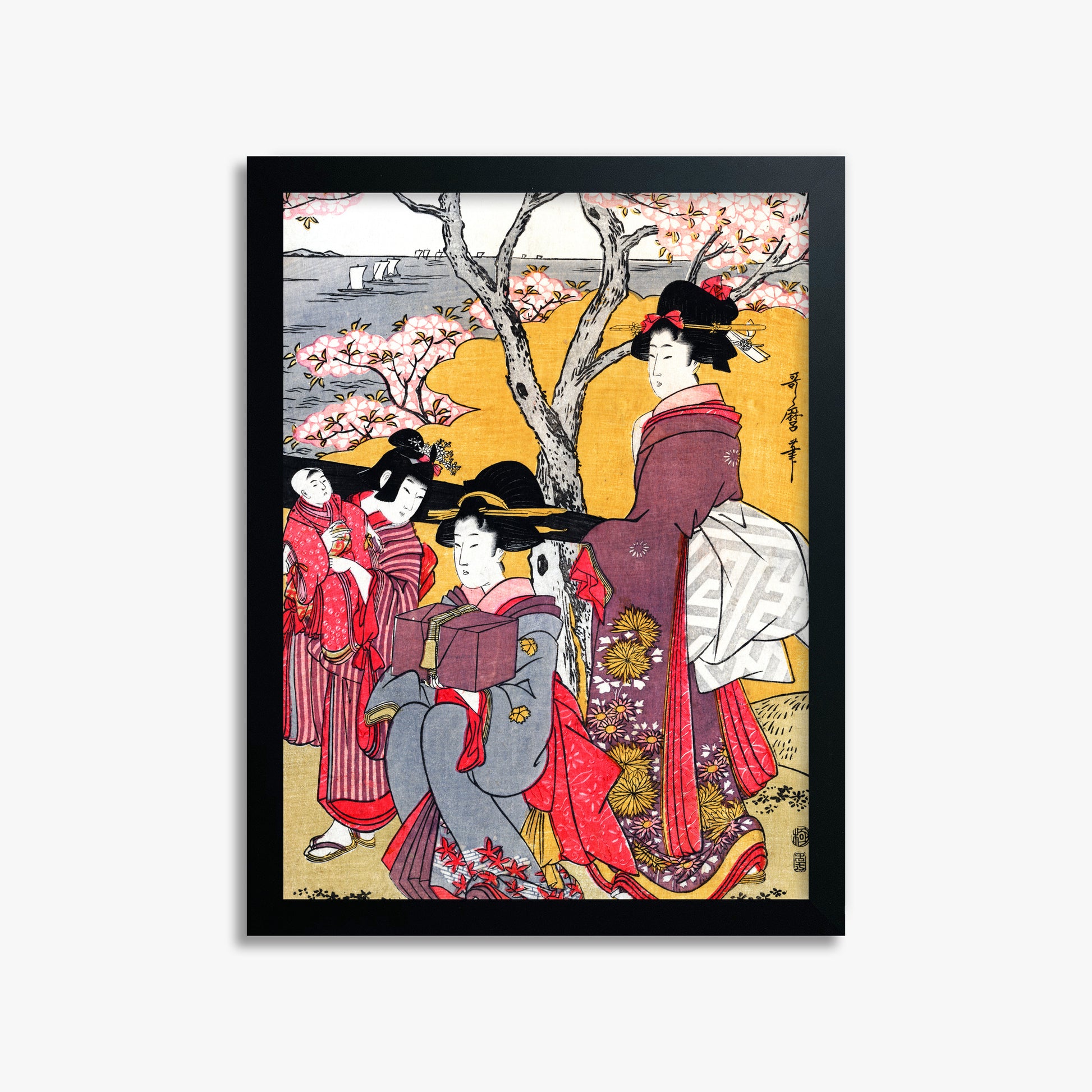Kitagawa Utamaro: Cherry-viewing at Gotenyama, 30x40cm Framed Art Reproduction With Black Frame