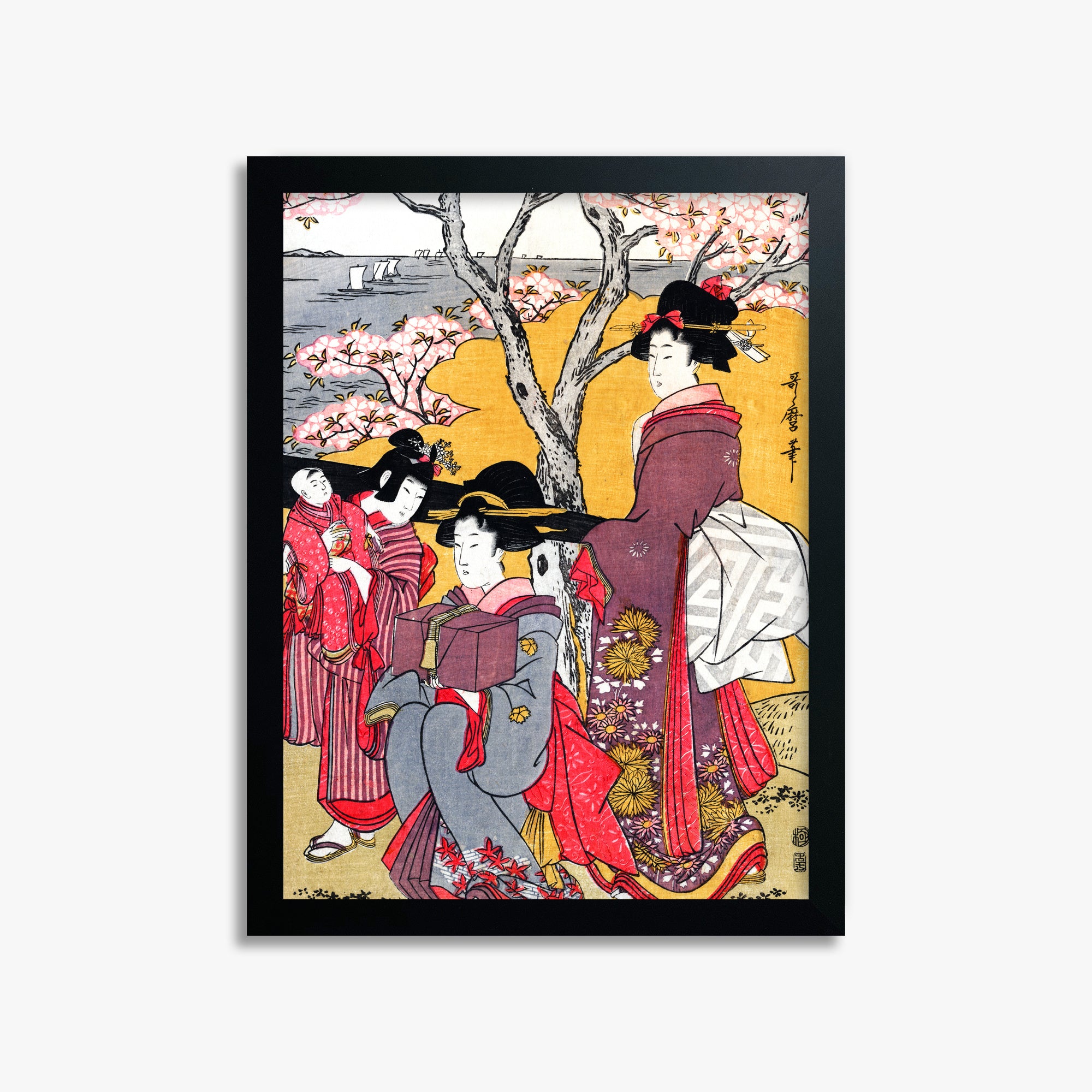 Kitagawa Utamaro: Cherry-viewing at Gotenyama, 30x40cm Framed Art Reproduction With Black Frame