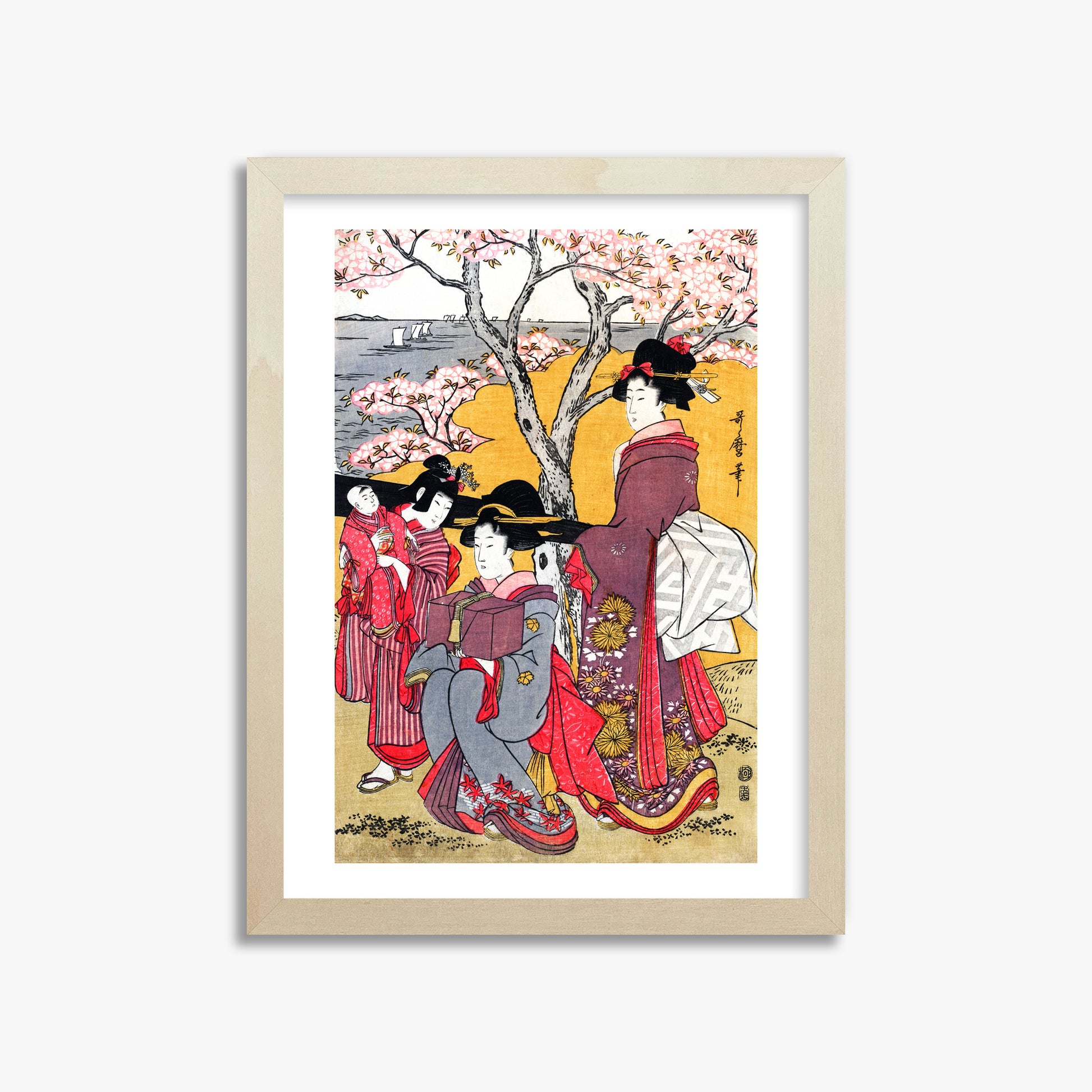 Kitagawa Utamaro: Cherry-viewing at Gotenyama, 30x40cm Framed Art Reproduction With Lime Wood Frame