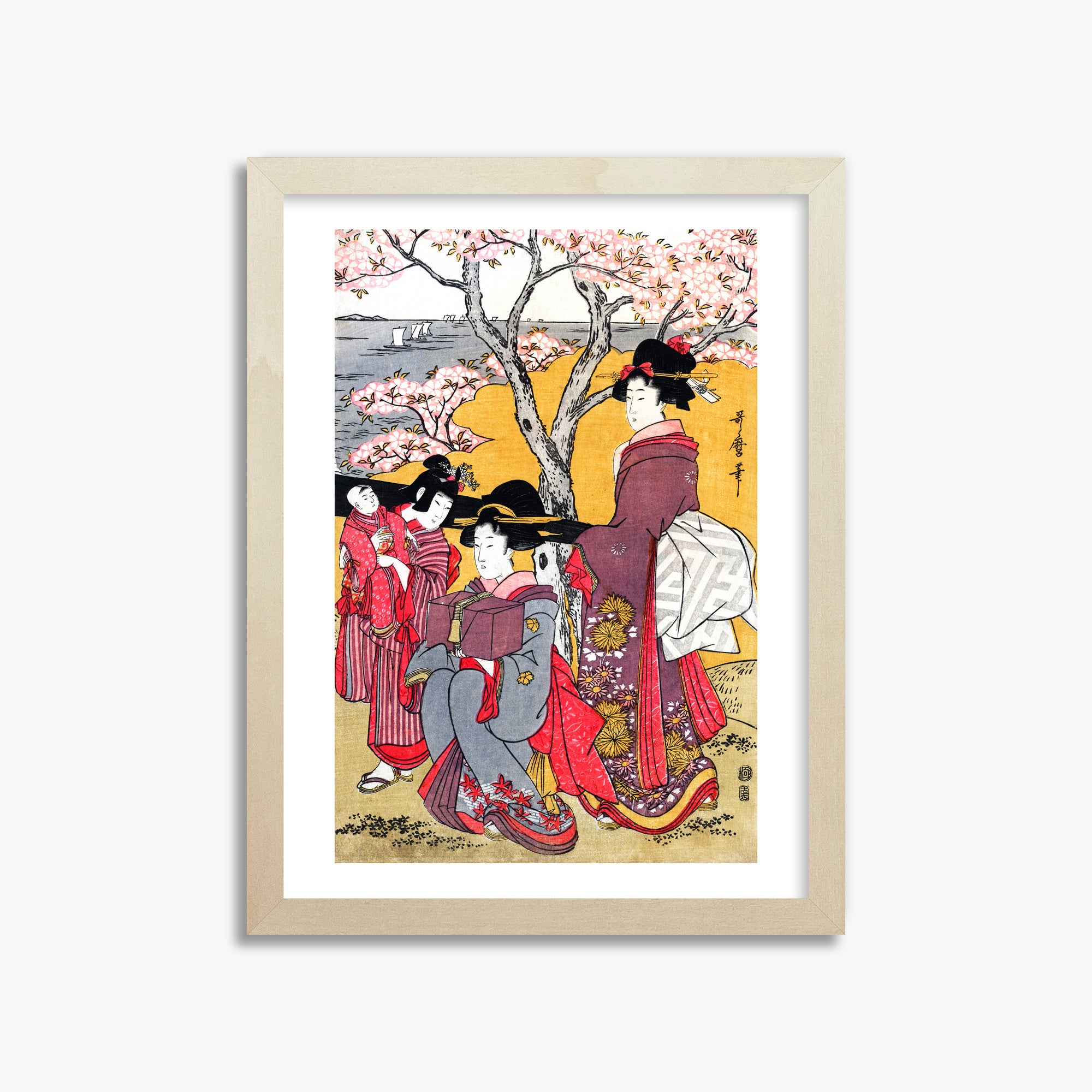 Kitagawa Utamaro: Cherry-viewing at Gotenyama, 30x40cm Framed Art Reproduction With Lime Wood Frame