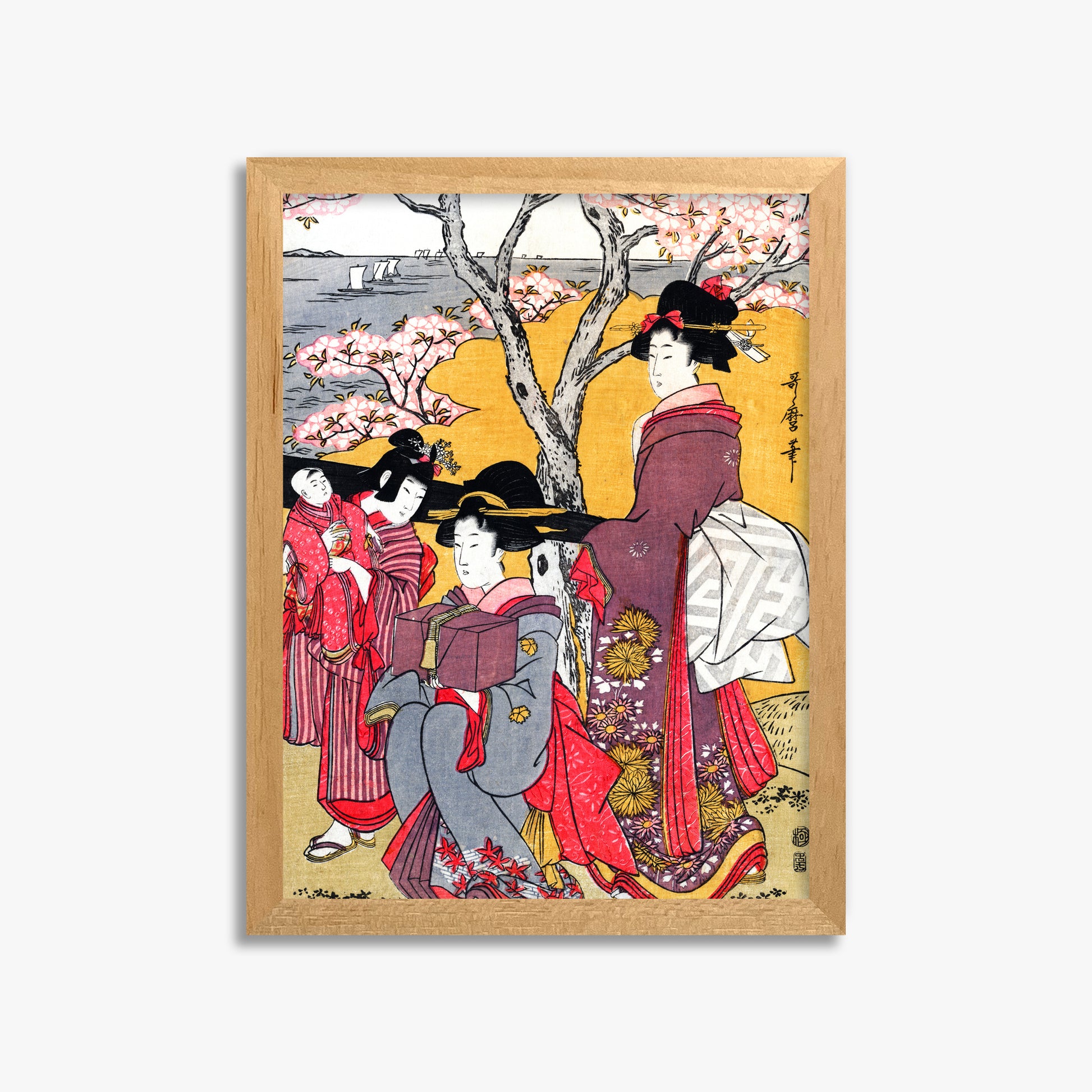 Kitagawa Utamaro: Cherry-viewing at Gotenyama, 30x40cm Framed Art Reproduction With Oak Frame