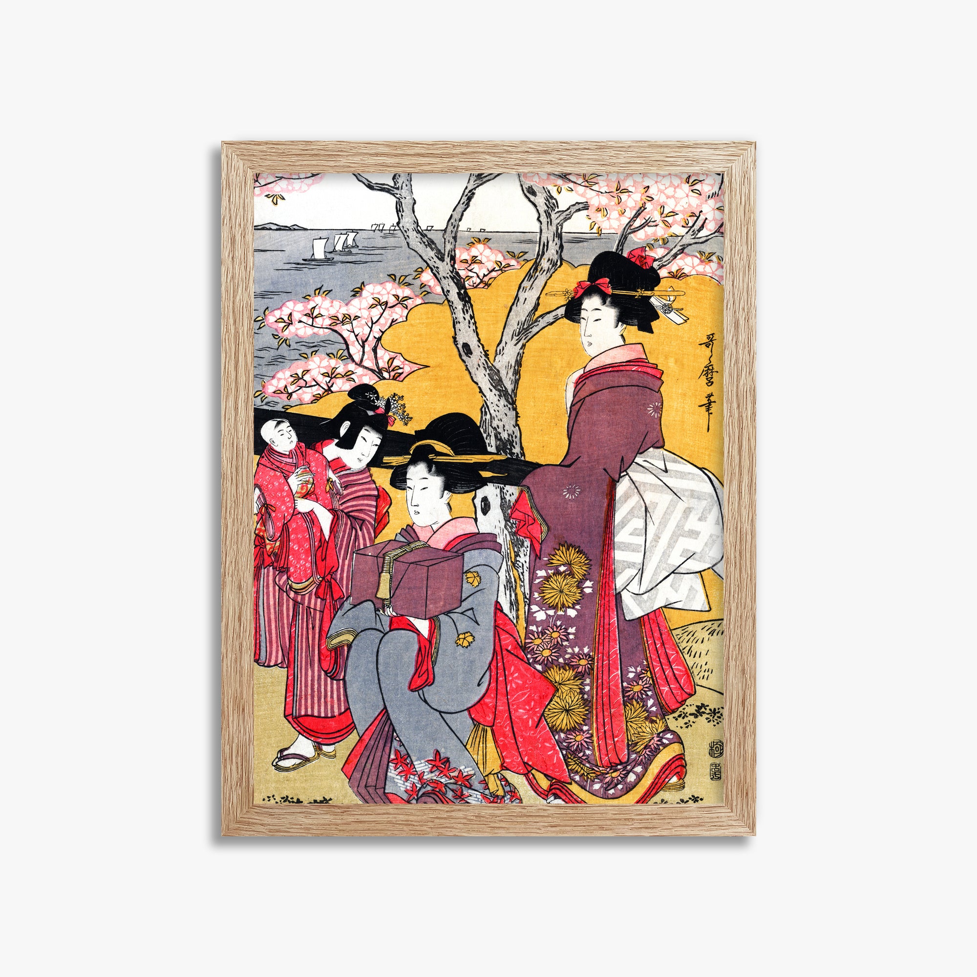 Kitagawa Utamaro: Cherry-viewing at Gotenyama, 30x40cm Framed Art Reproduction With Raw Oak Frame